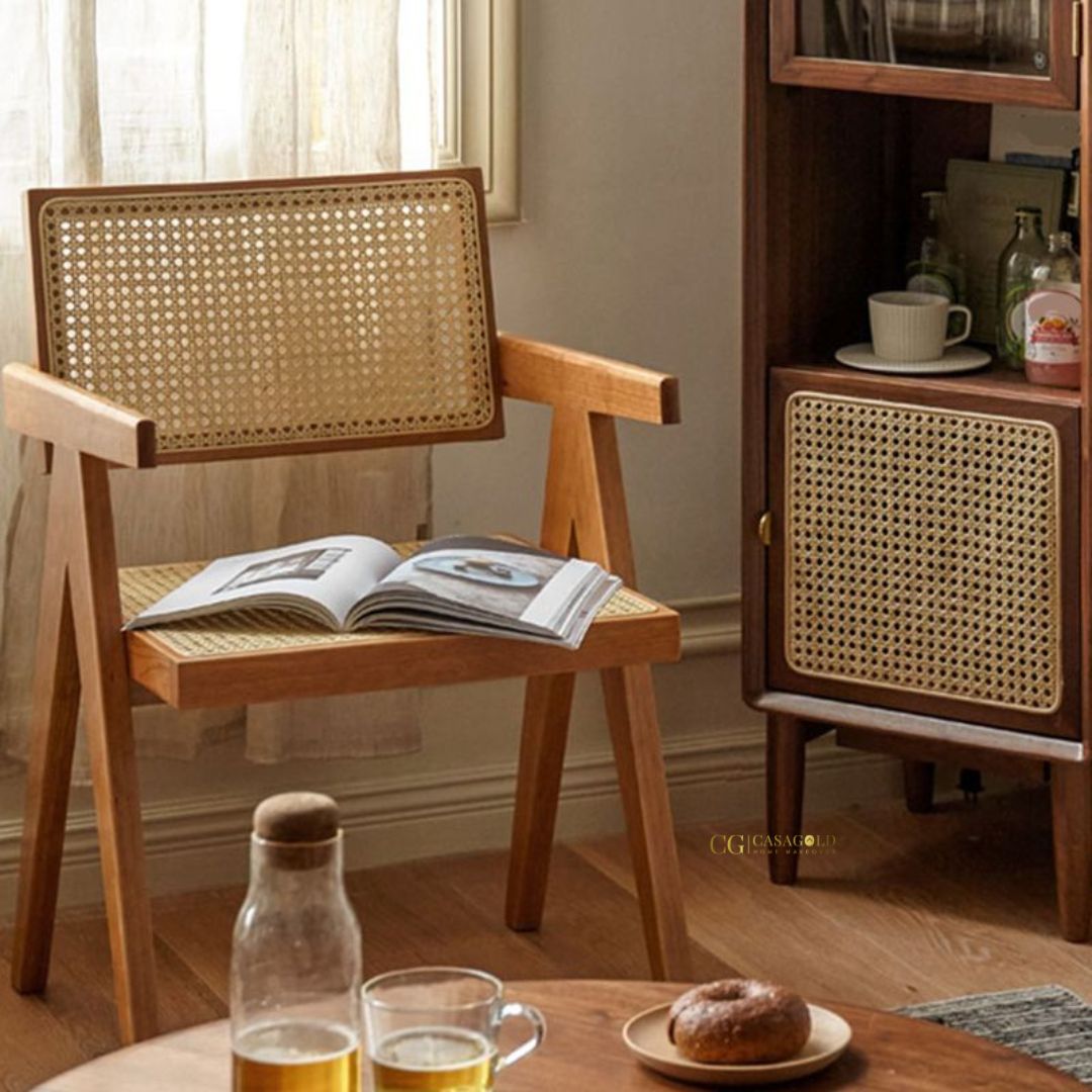 Contemporary rattan side chair with wooden legs