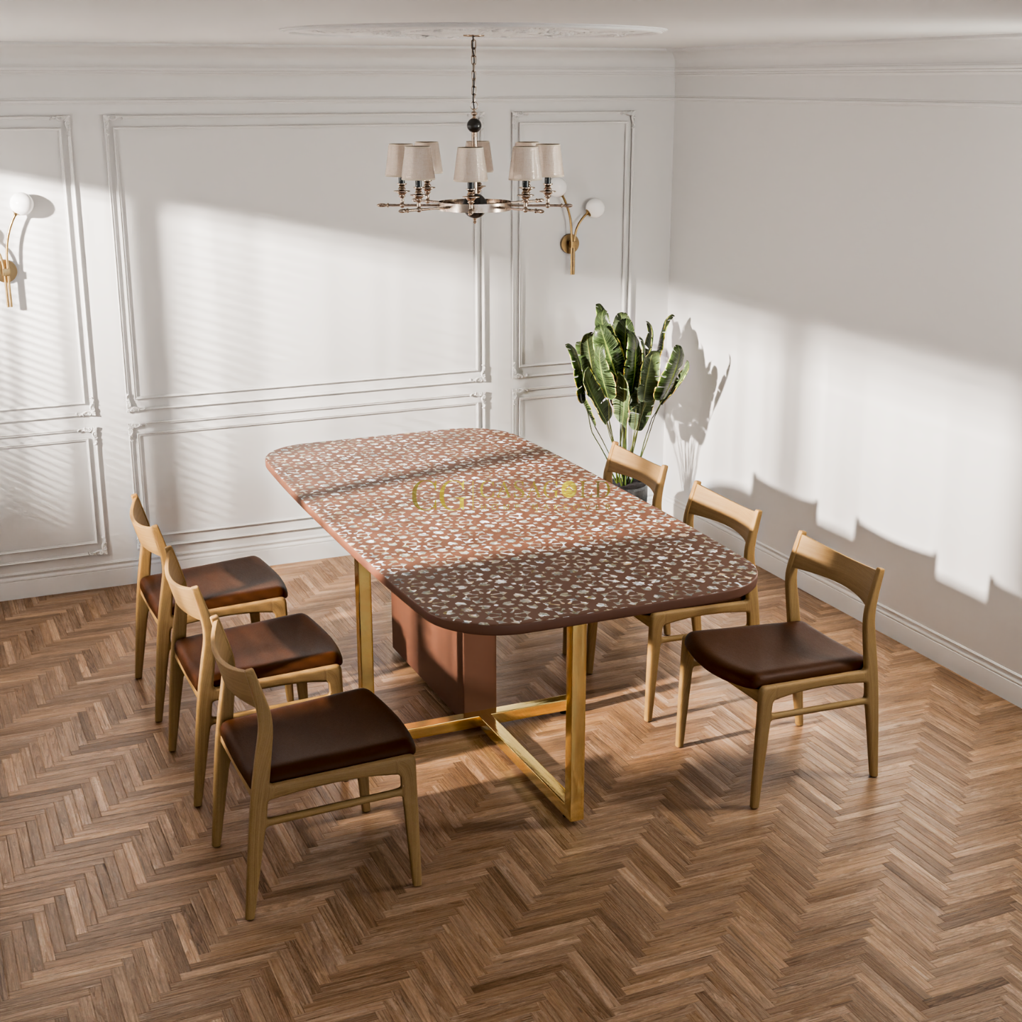 Stylish round dining table with a geometric patterned top
