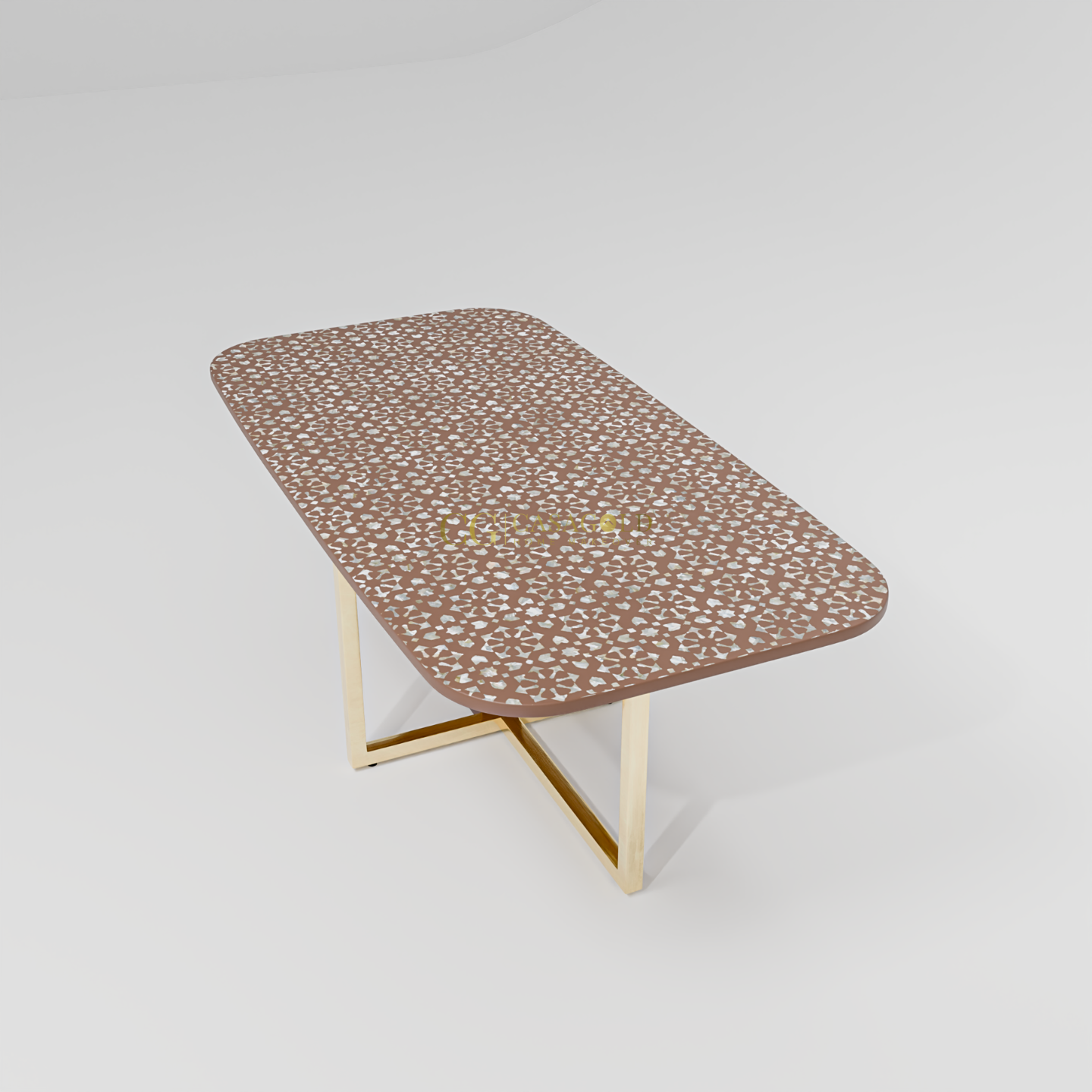 Eye-catching modern dining table with abstract patterned top and minimalistic mixed-material base structure.