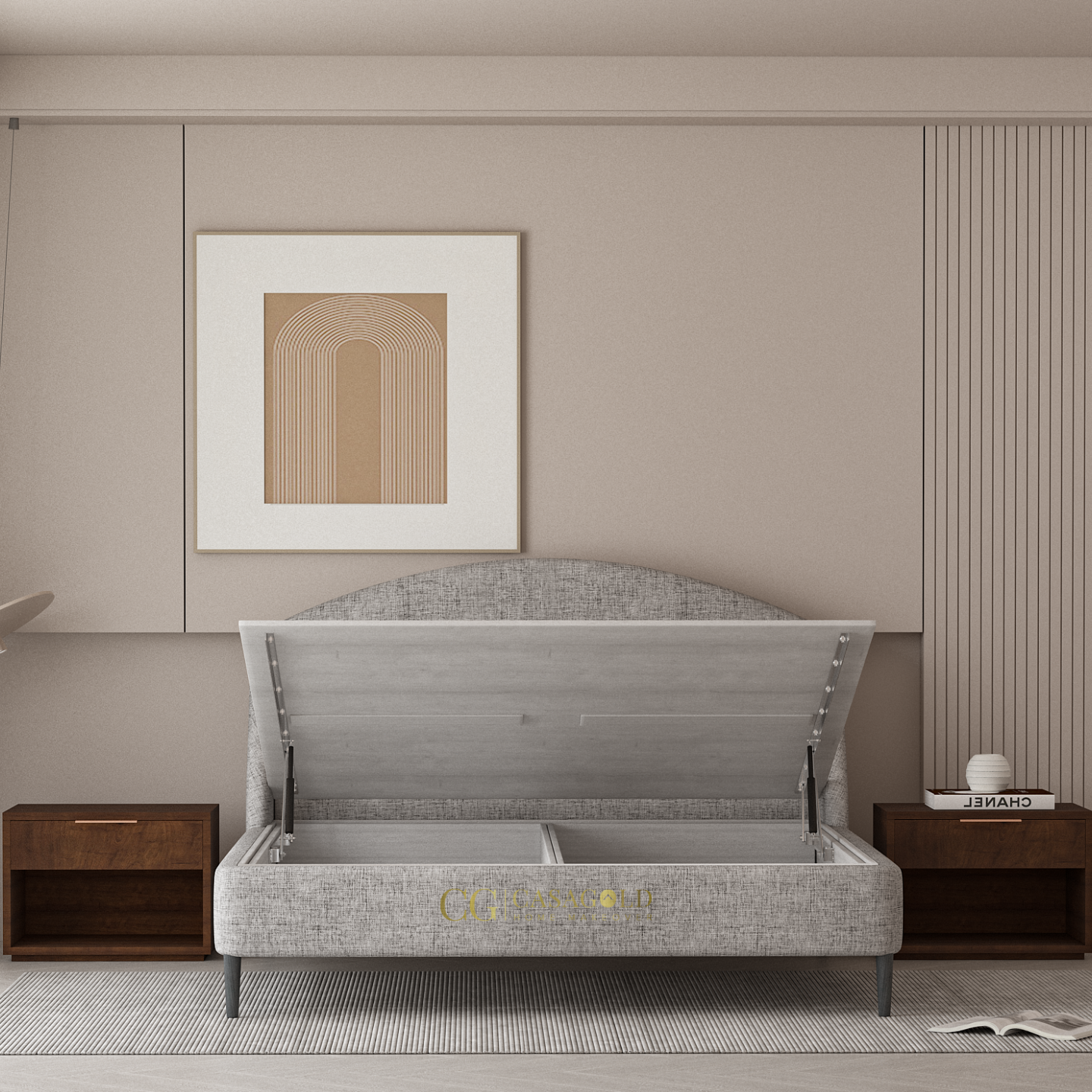 A modern white hydraulic bed with headboard and dual lift-up storage compartments
