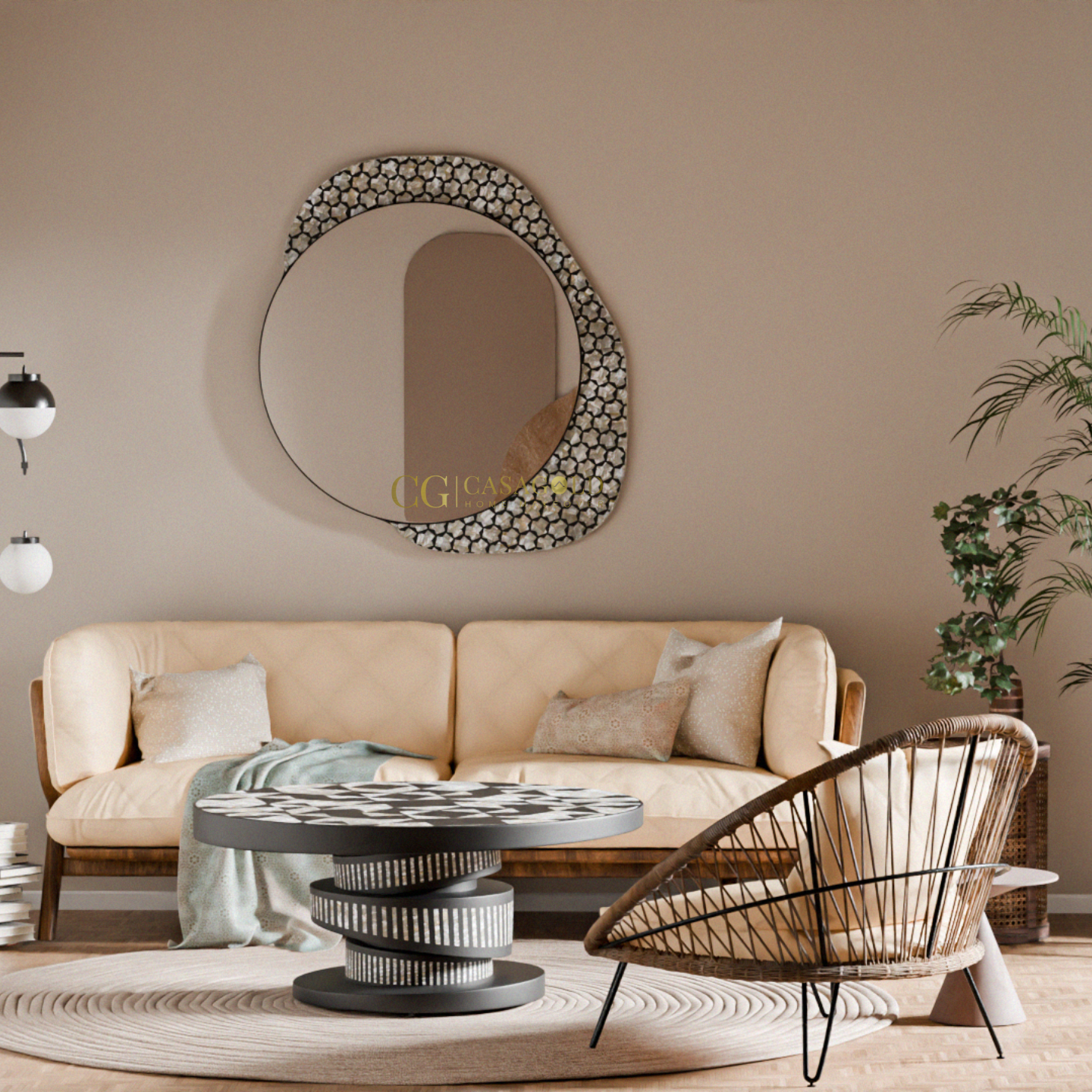 Designer mirror with asymmetrical targua print border