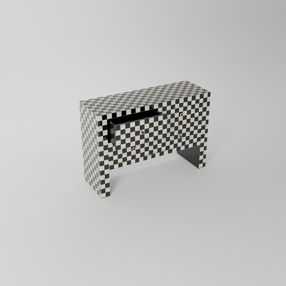 A modern rectangular console table with a black and white checkerboard pattern, featuring a central black drawer with a gold handle and two open side compartments.
