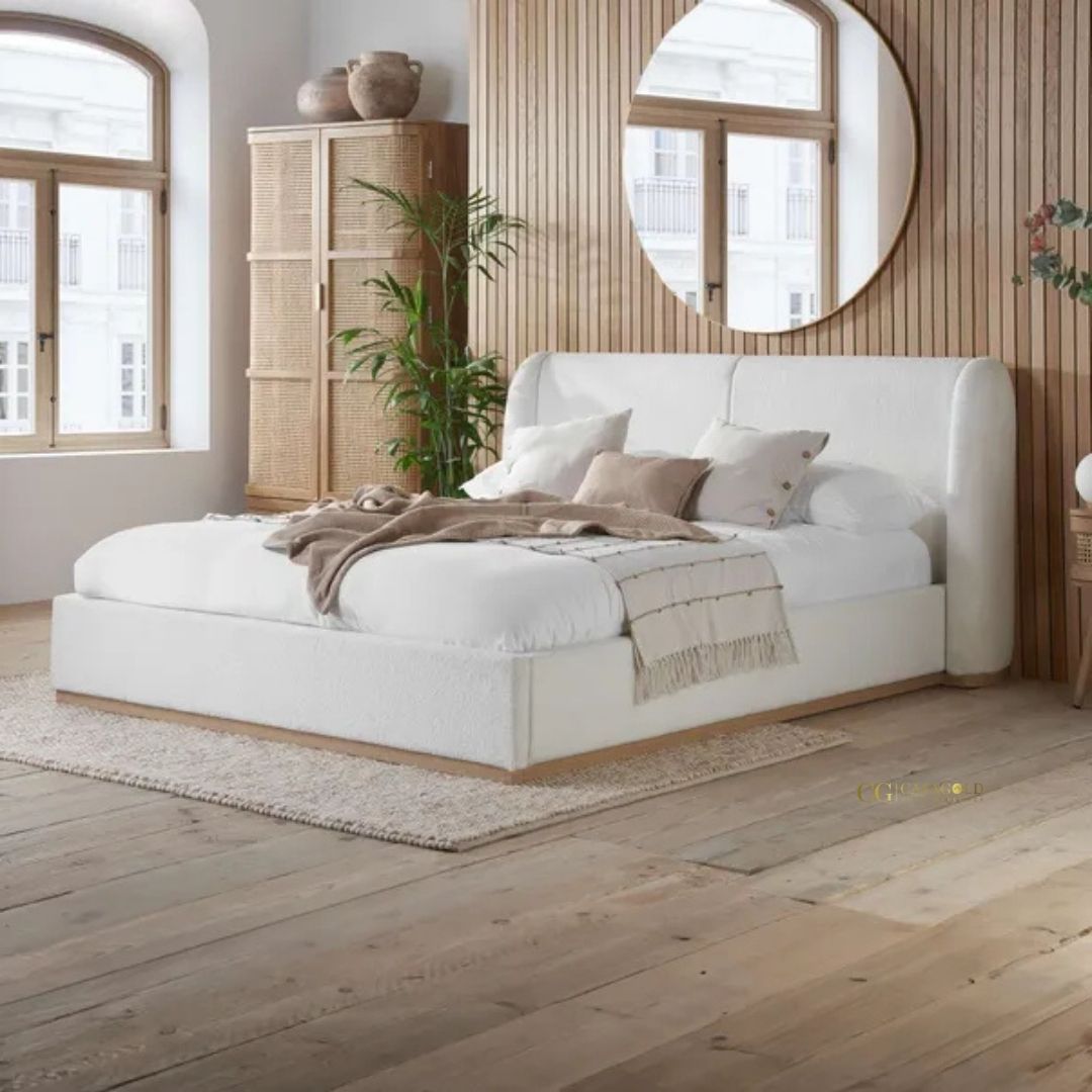 Boucle bed with soft upholstered headboard design