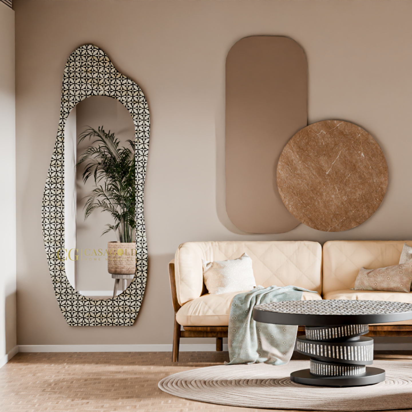 Designer wall mirror featuring an abstract shape and detailed geometric inlay.