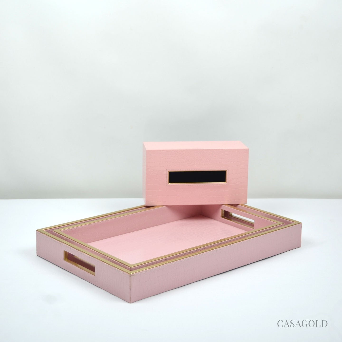 Set of 2 Leather Tray II Tissue Holder Set - Pink