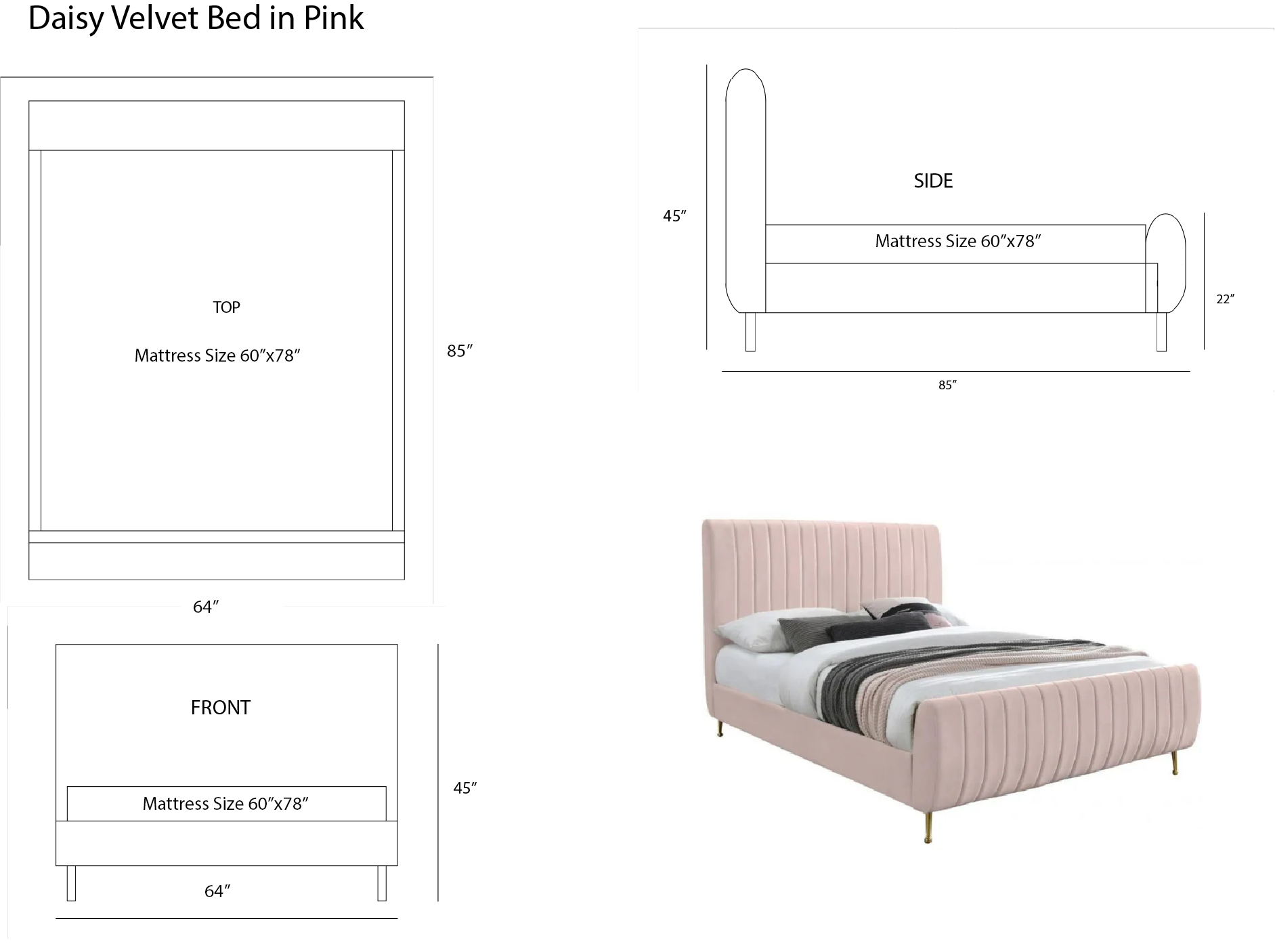 Daisy Velvet Bed in Pink