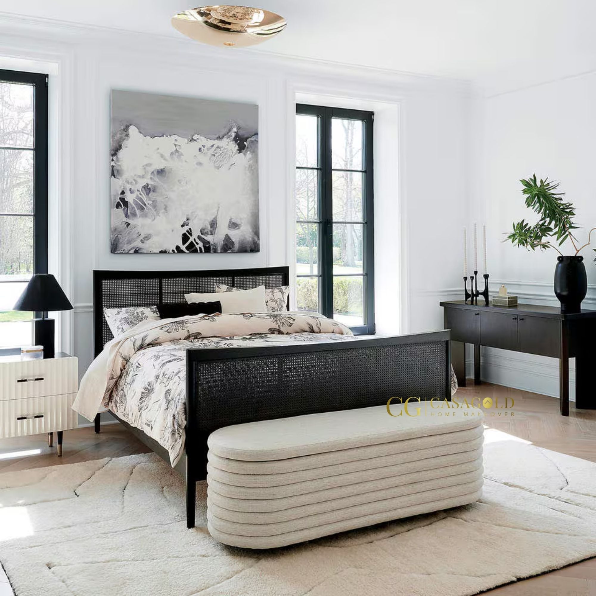 Timeless rattan and mahogany bed frame in a dark finish Handcrafted Wooden Bed for Luxury Interiors