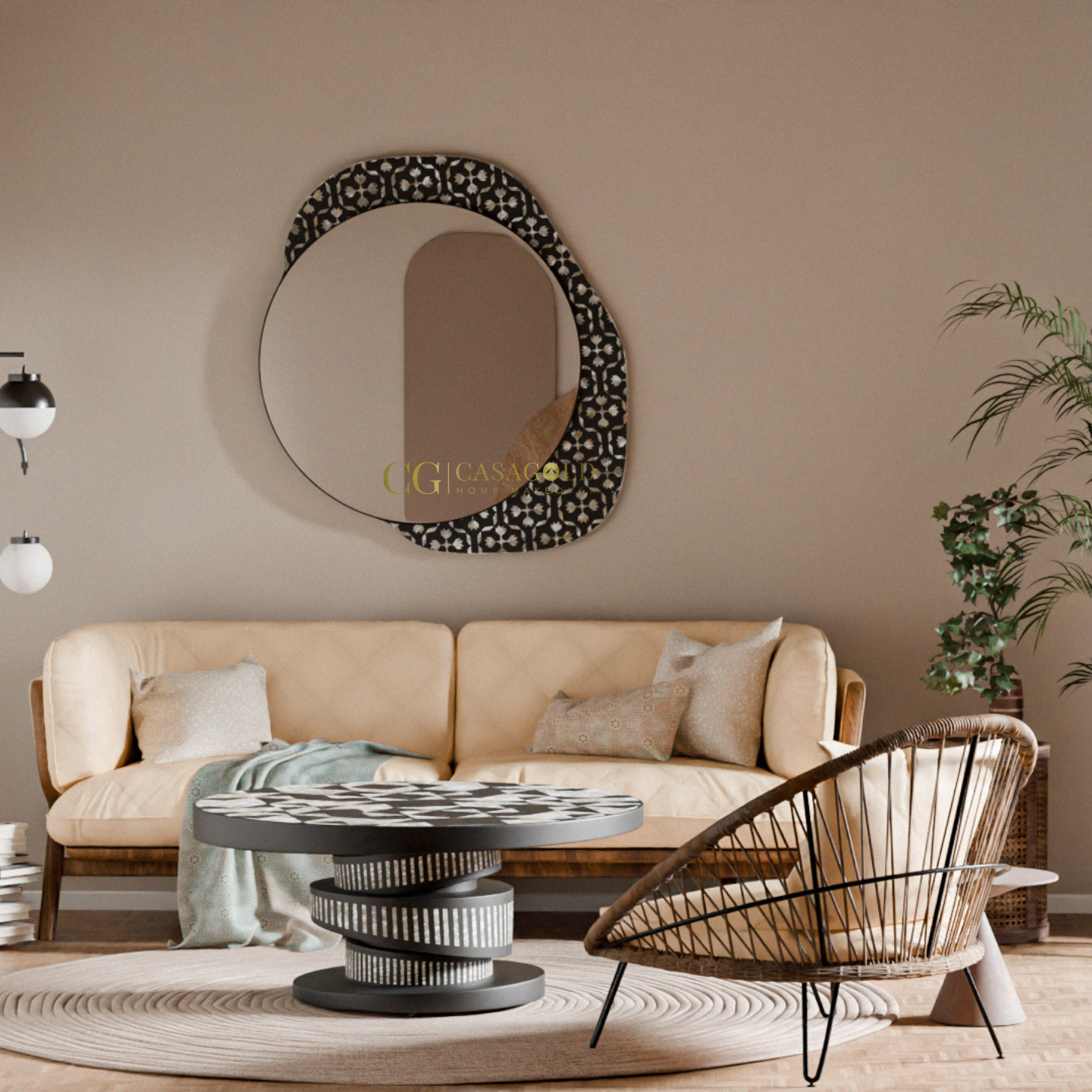 Artistic wall mirror with black and white textured design