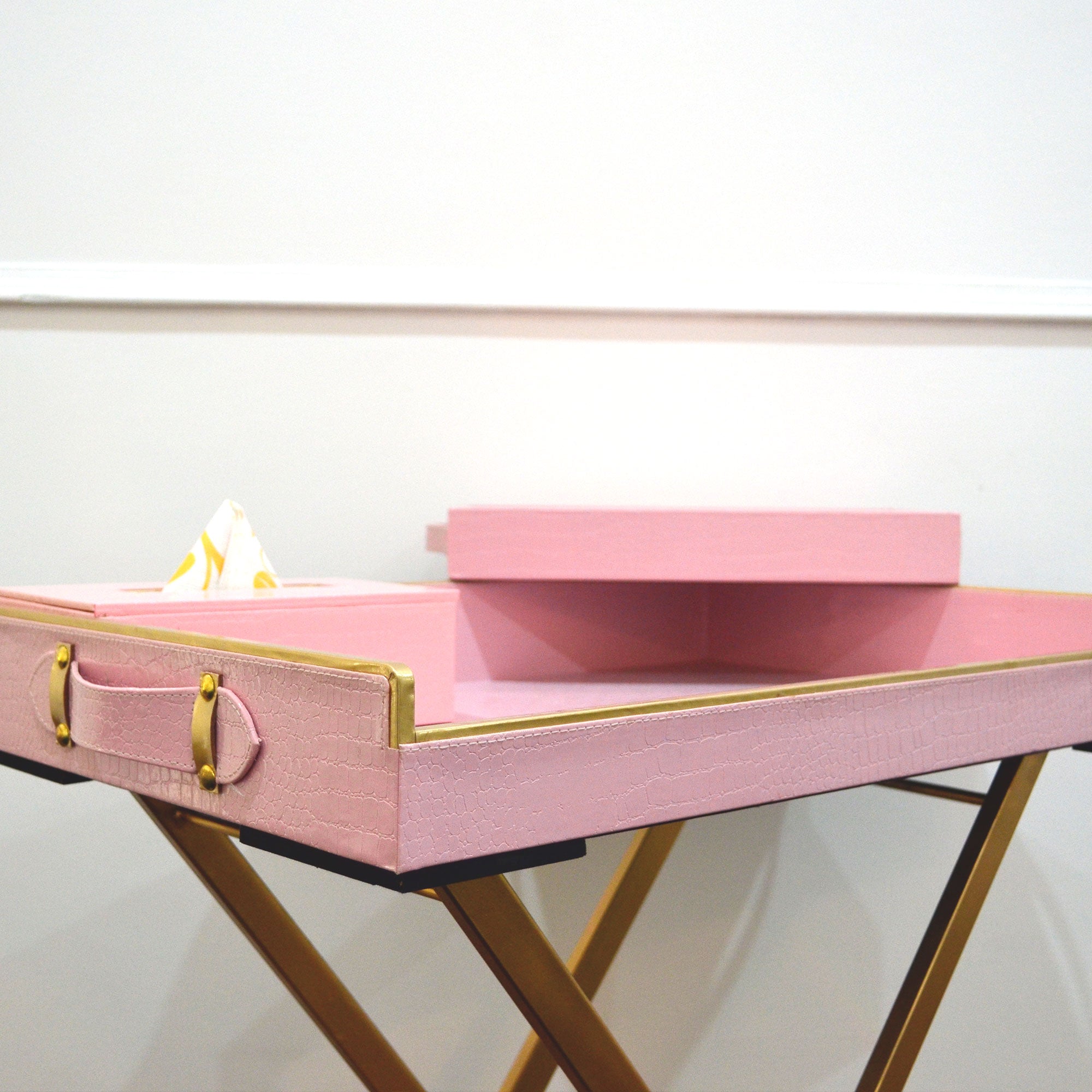 Decorative butler tray for stylish living room setups.