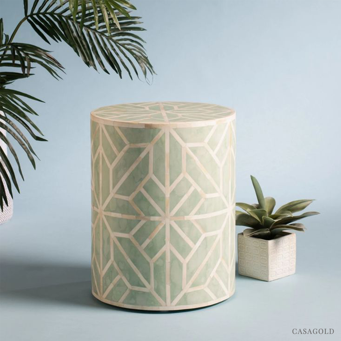Decorative Drum Inlay Side Table with Metal Base