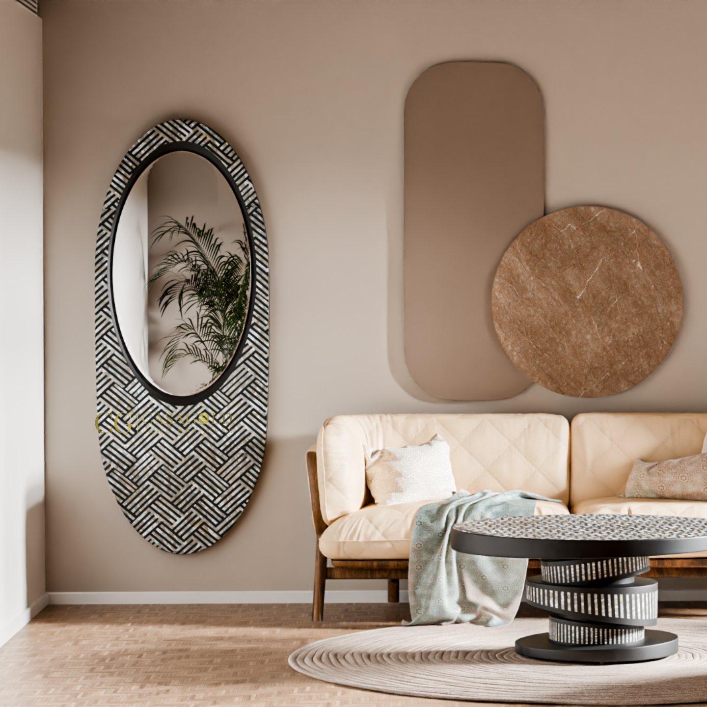 Eye-catching designer mirror mounted beside a cream sofa and abstract wall decor.