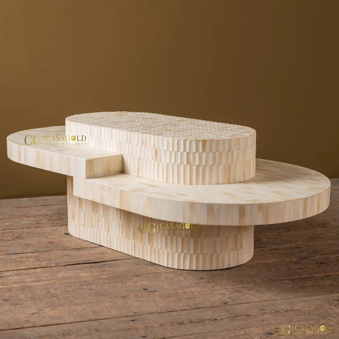 "Decorative oblong bone inlay table with unique patterns"