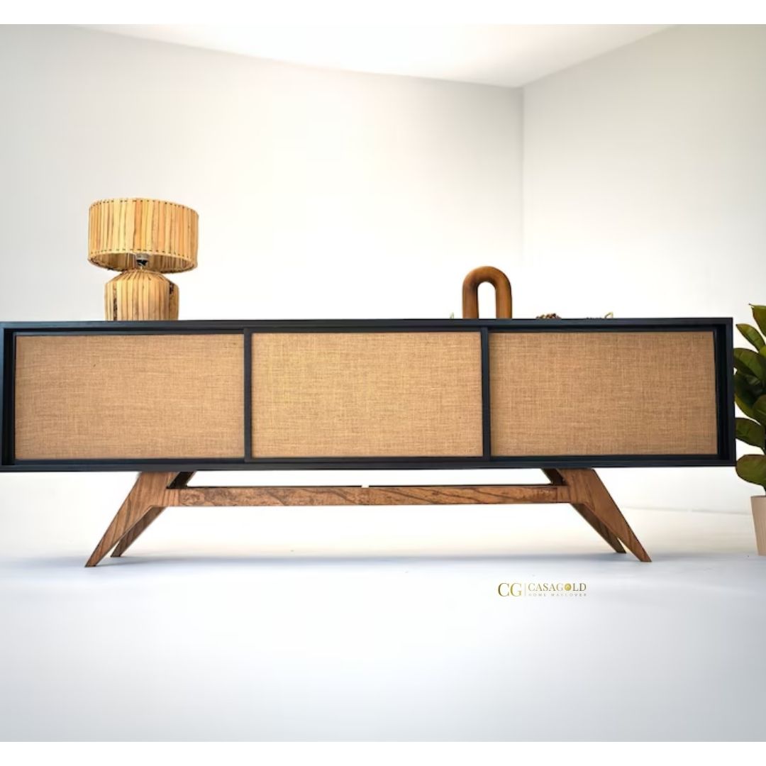 Minimalist cane-front sideboard with angled wooden legs