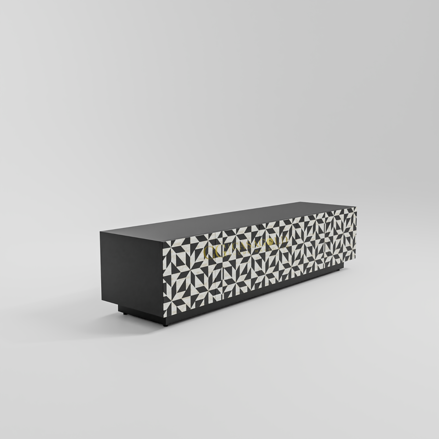 Luxury console table with bold 3D geometric front and CasaGold branding