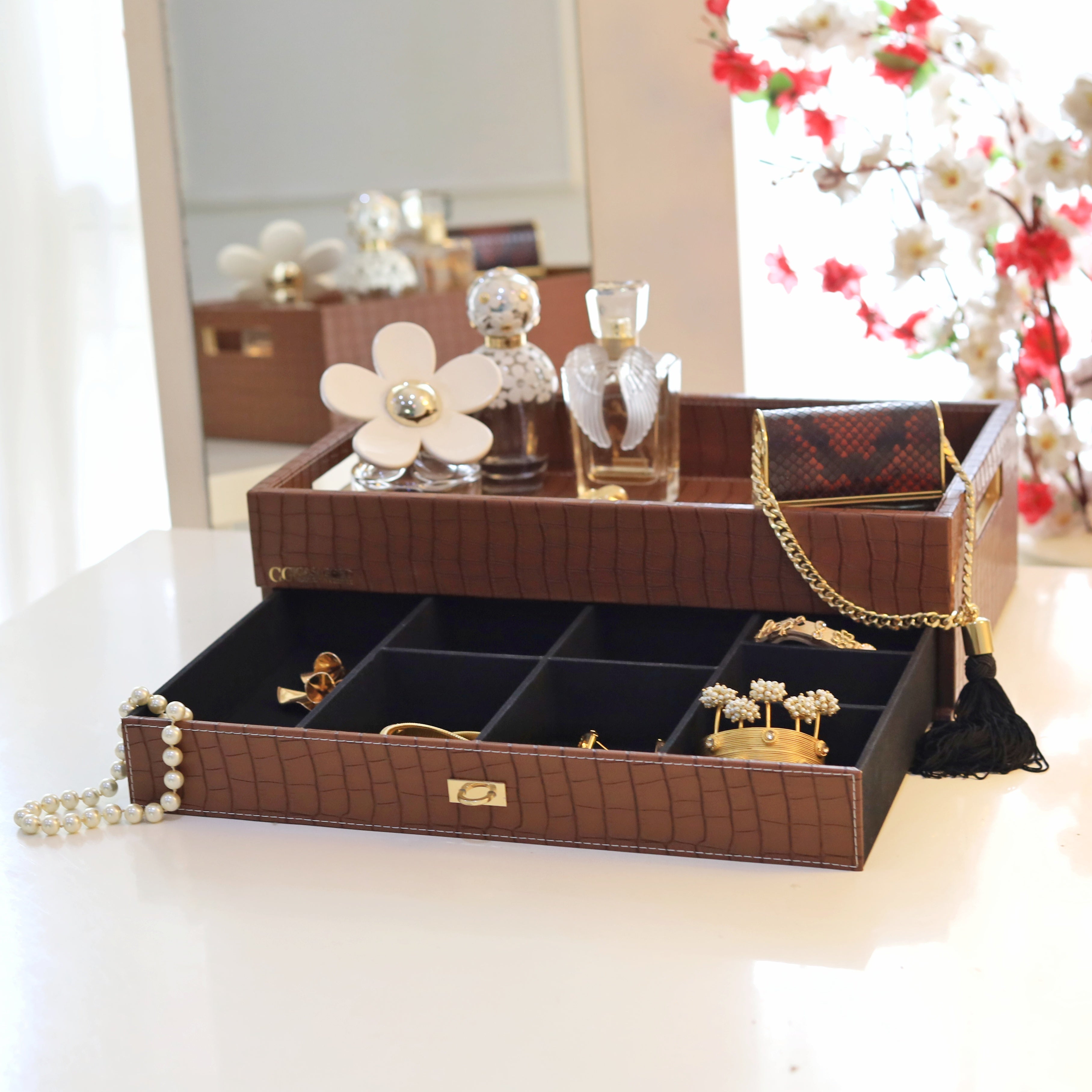 Designer tea tray with elegant storage compartments