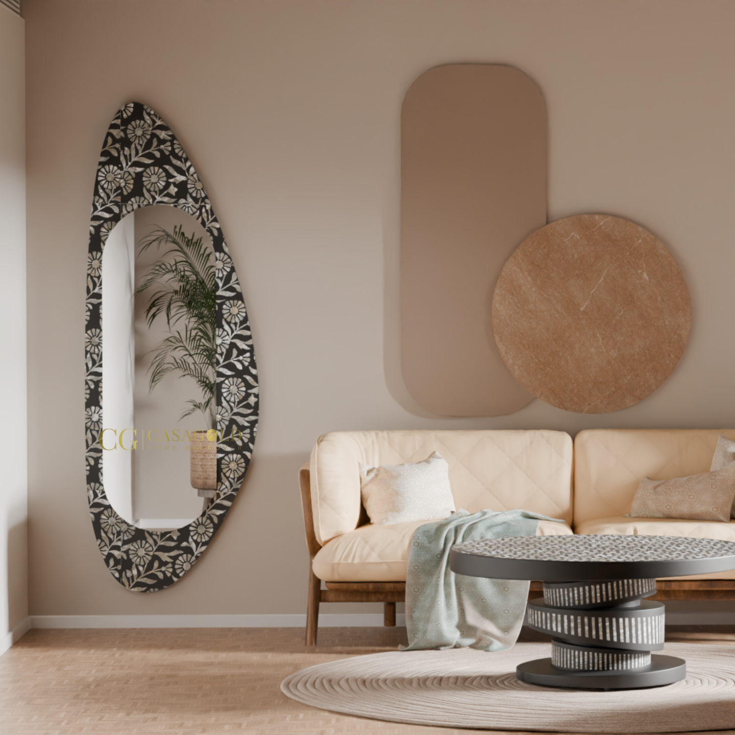 Artistic mirror with black and white inlay design
