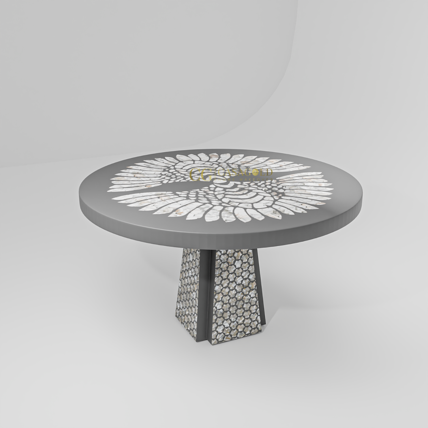 Premium round dining table with intricate floral inlay on the top and a textured, mosaic-style cylindrical base.