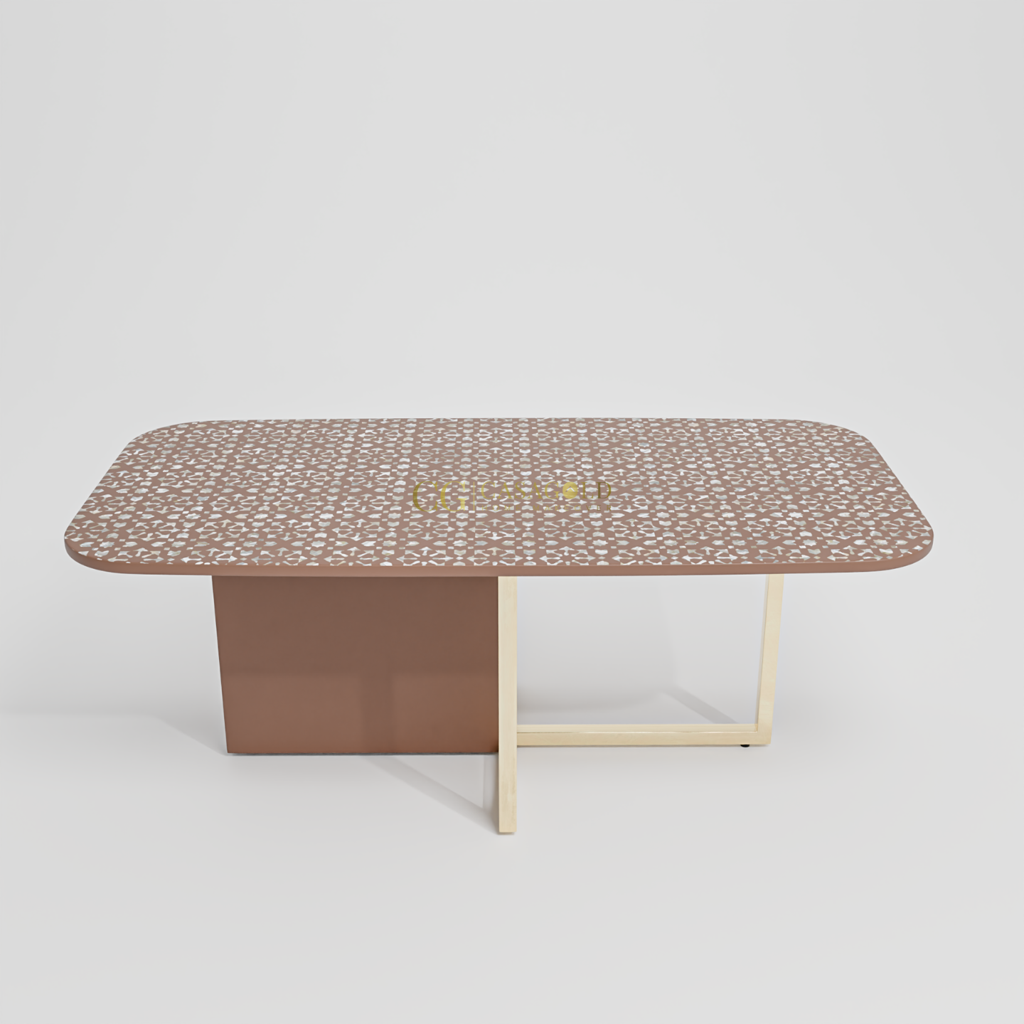 Stylish dining table with rounded corners, patterned surface, and dual-tone pedestal base with gold detailing