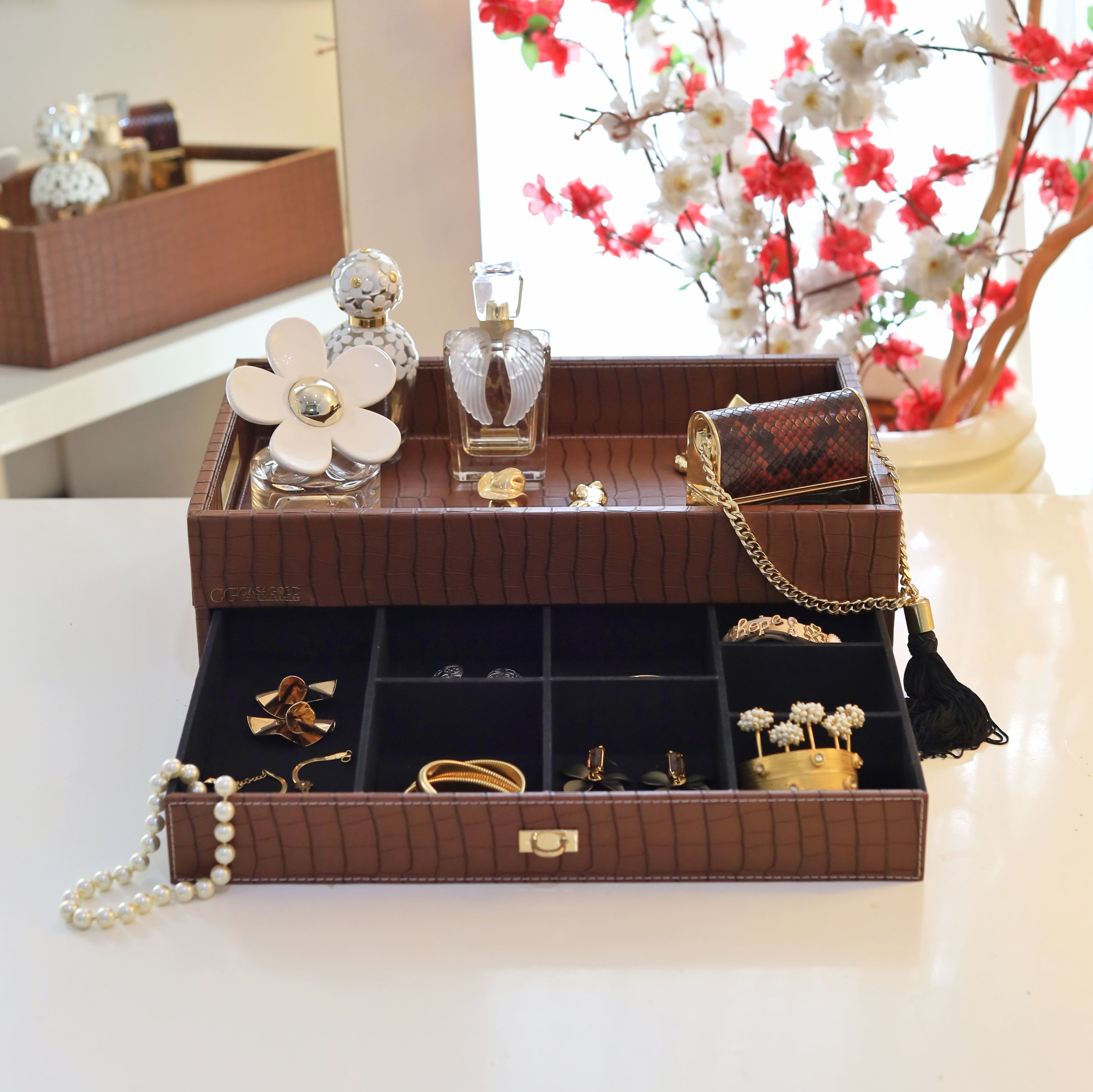 Designer tea tray with elegant storage compartments