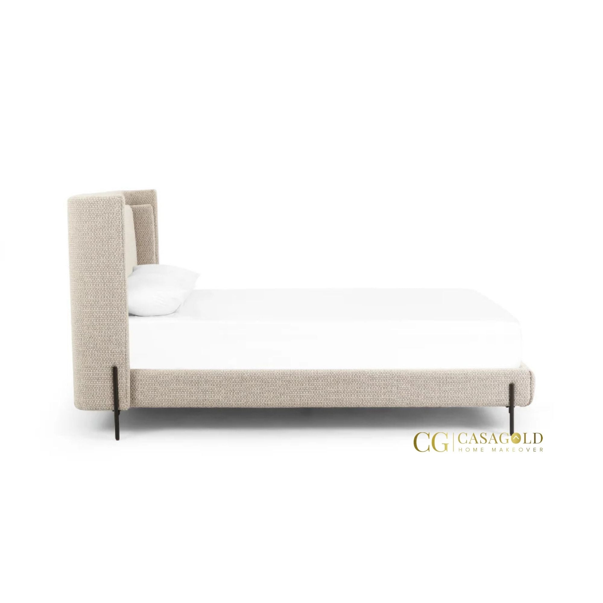 Pinewood bed frame with a sturdy base and modern metal accents.