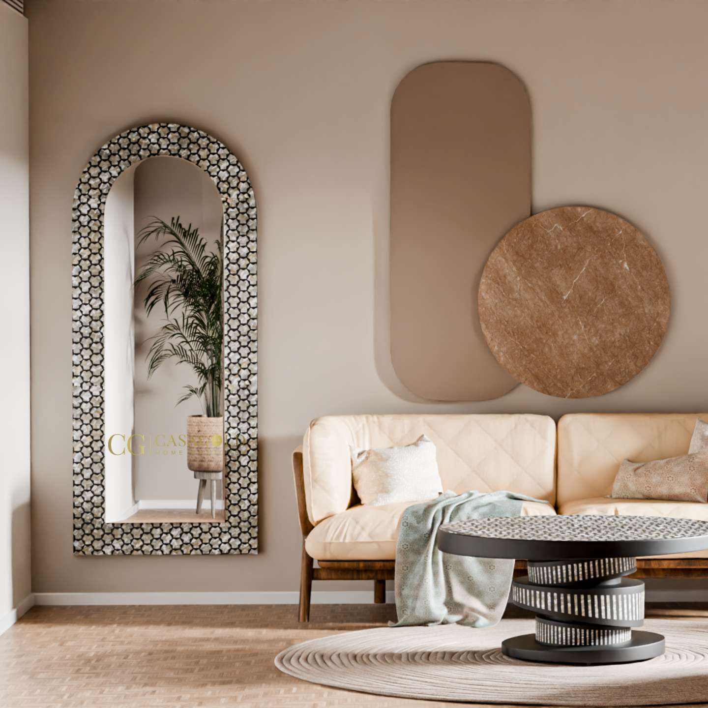 Wall-mounted mirror with curved top and elegant patterned border