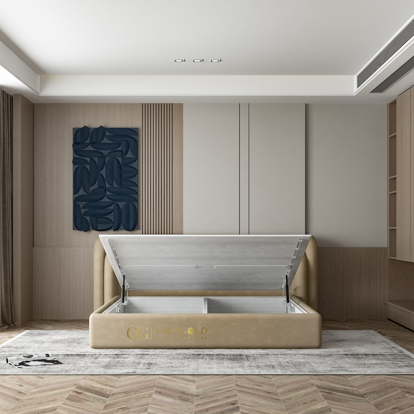 Contemporary bed setup with neutral tones and a soft rug.