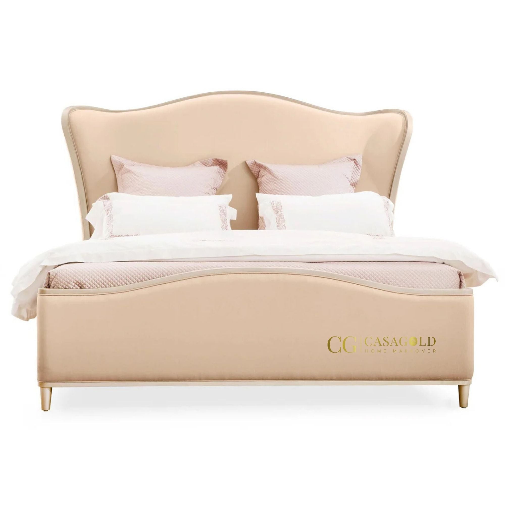 Serpentine Headboard Emi Bed in Beige Velvet