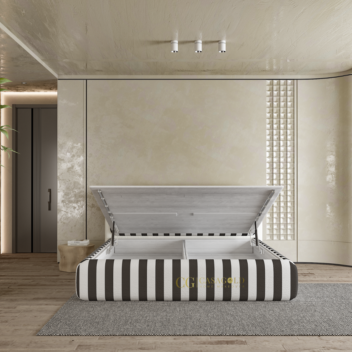 Luxury bedroom interior with a striped headboard and footboard bed in monochrome palette