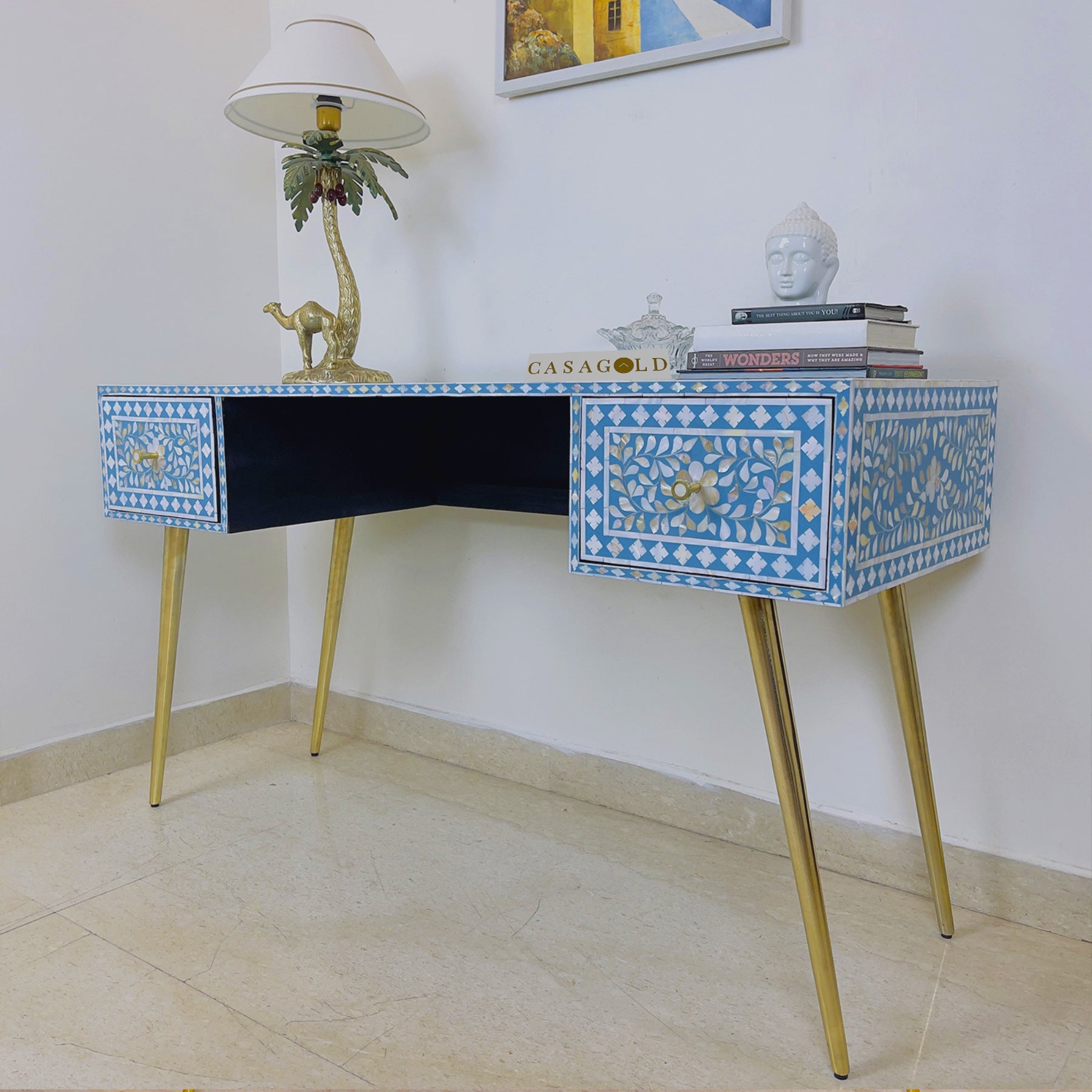 Elegant Blue mother of pearl inlay executive desk for upscale settings