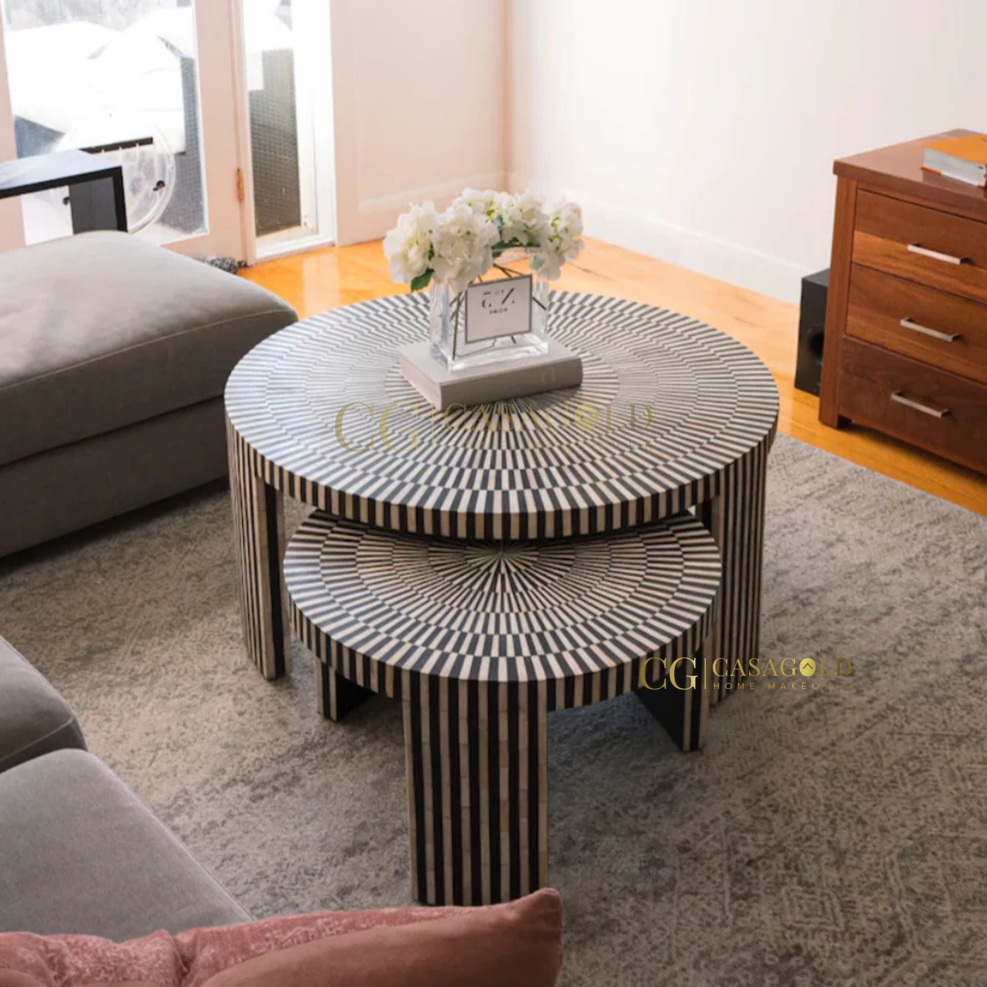 Stylish bone inlay nesting table set for living room