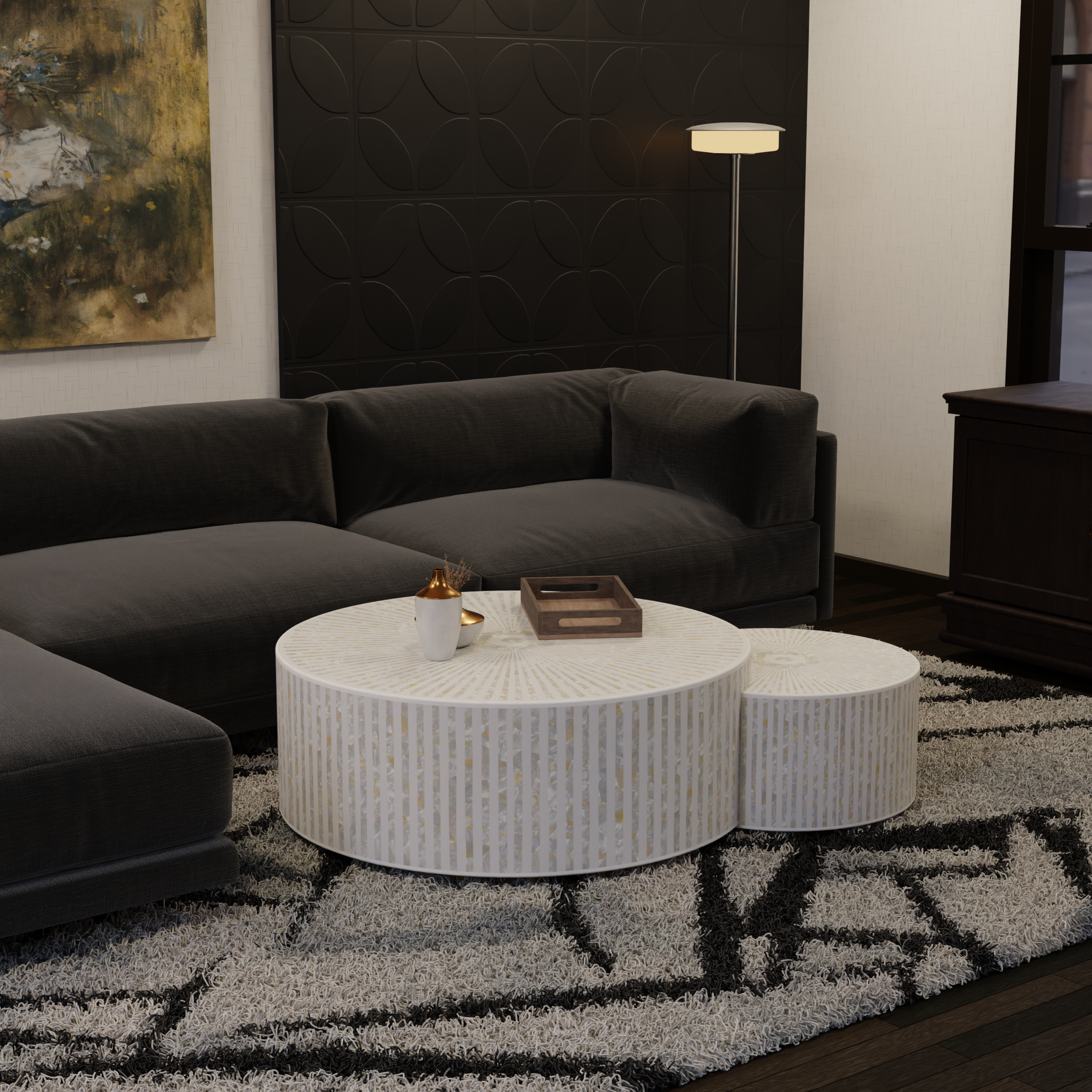 Elegant bone inlay round coffee table