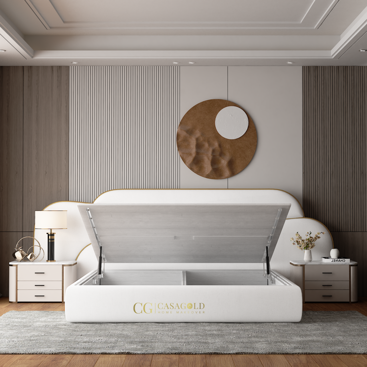 A white hydraulic bed with storage lifted open, flanked by two white nightstands and modern wall decor.