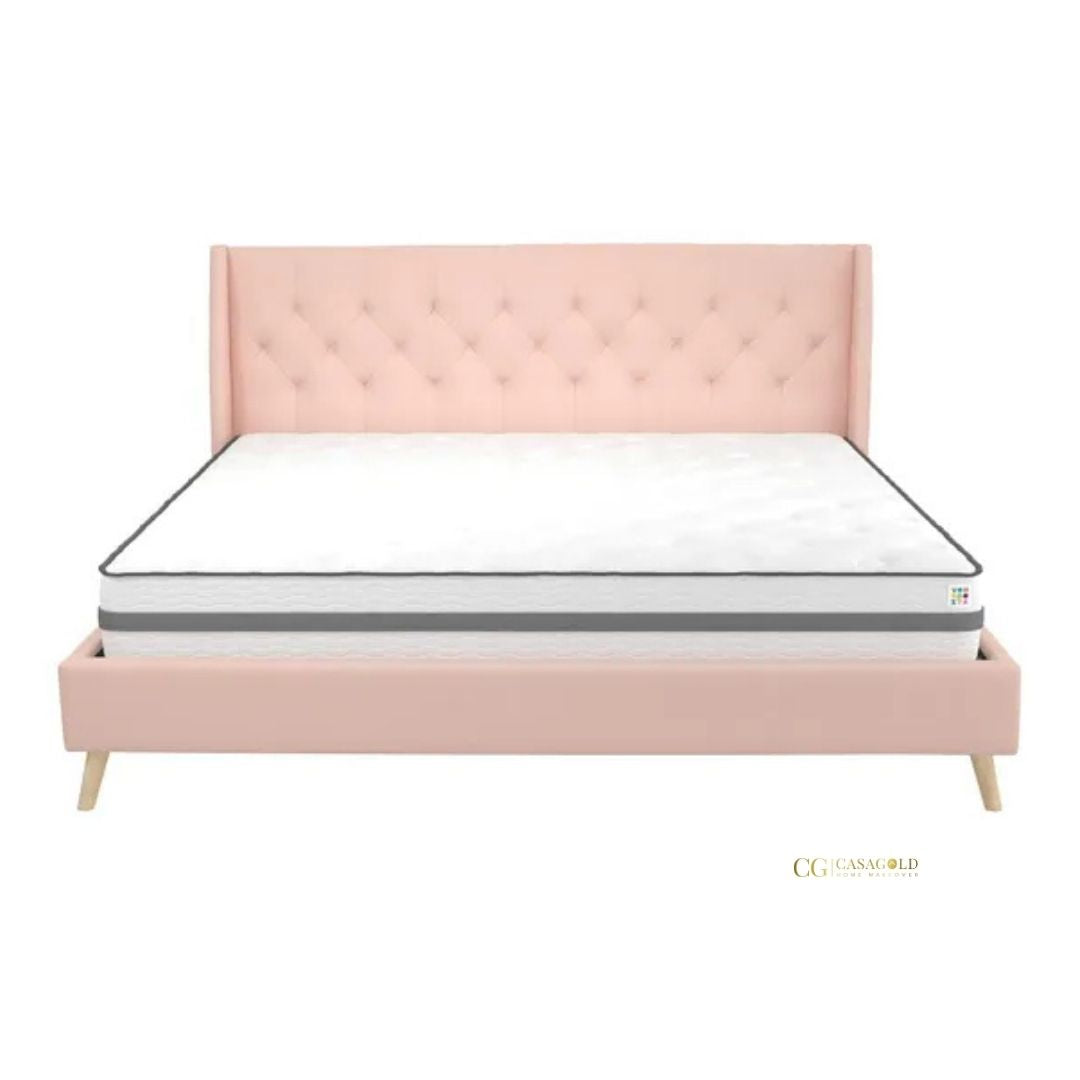 Linen bed with a tufted headboard for elegance