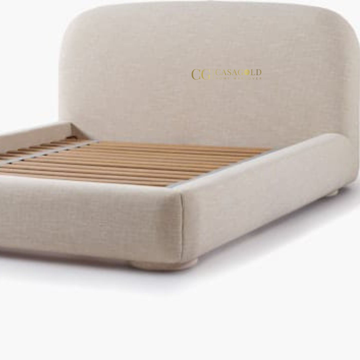 Luxury bed frame with rounded edges and plush fabric