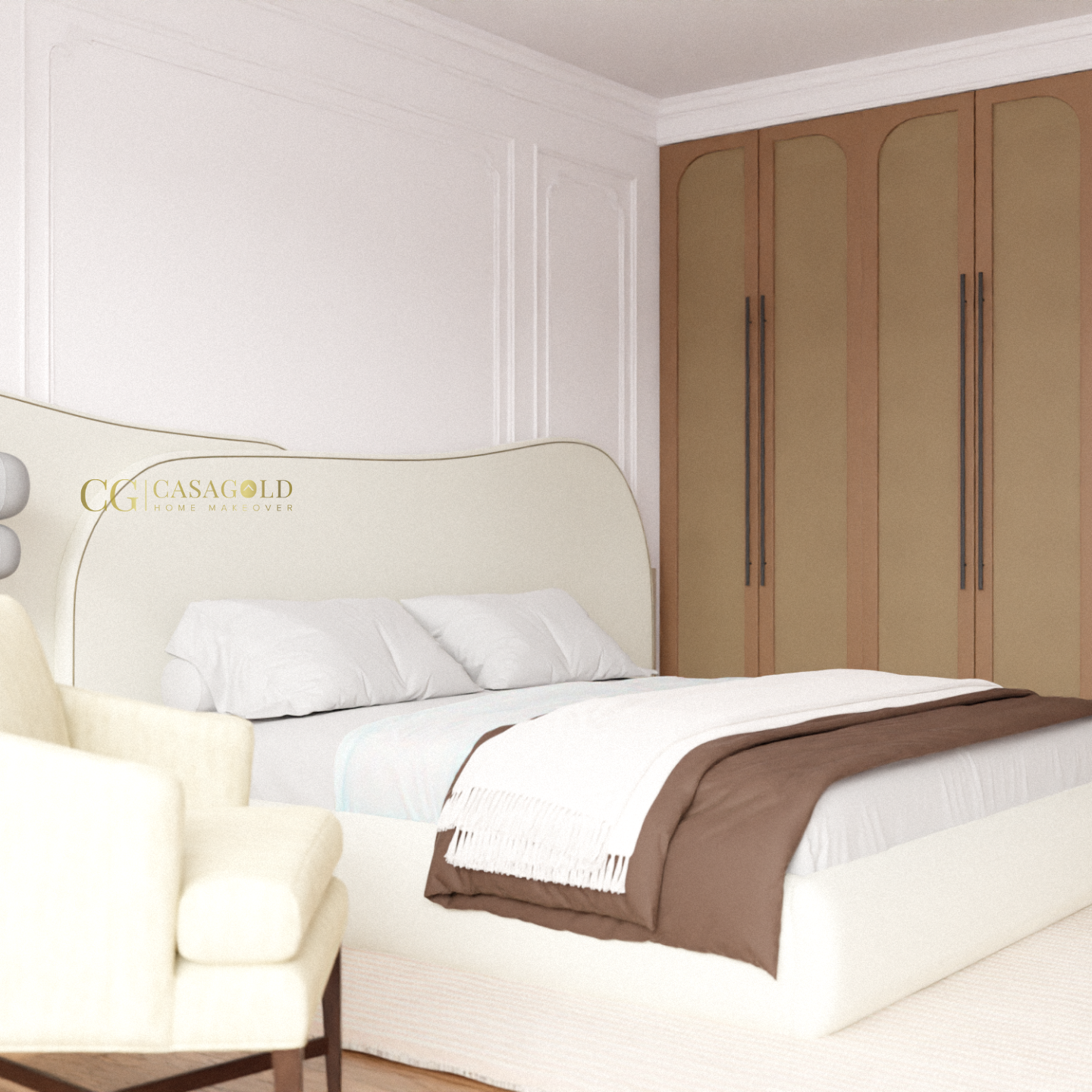 Contemporary designer bed with curved headboard and soft linens