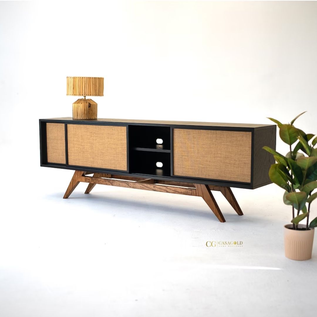 Black and burlap mid-century sideboard with solid wood base