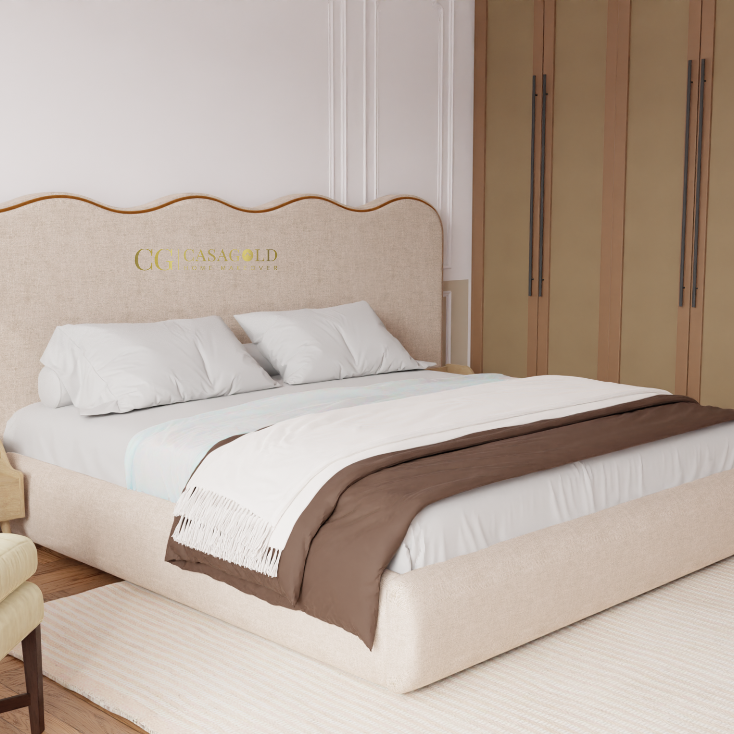 Elegant bed with a low-profile design, soft bedding, and a modern headboard