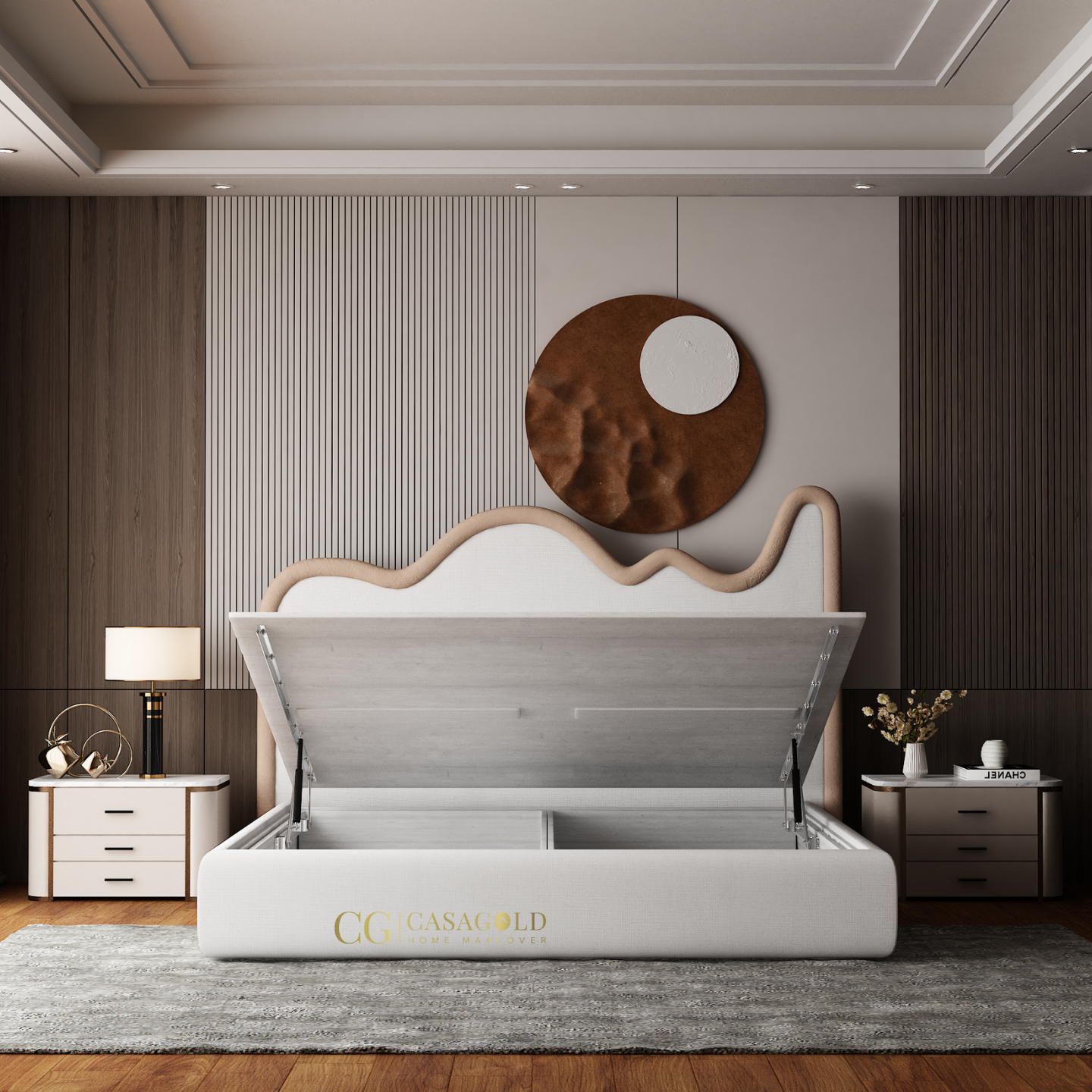 Neutral color palette bedroom with unique headboard and wood accents