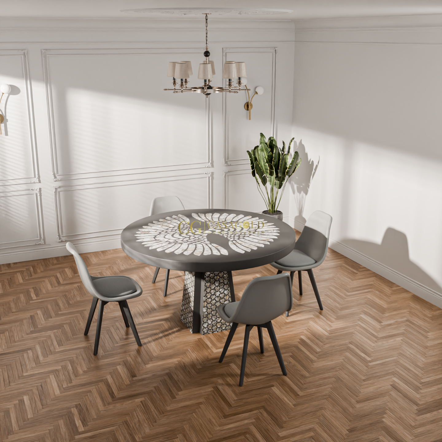 Sophisticated round dining table featuring a floral-patterned top and a geometric honeycomb base with a luxury finish.