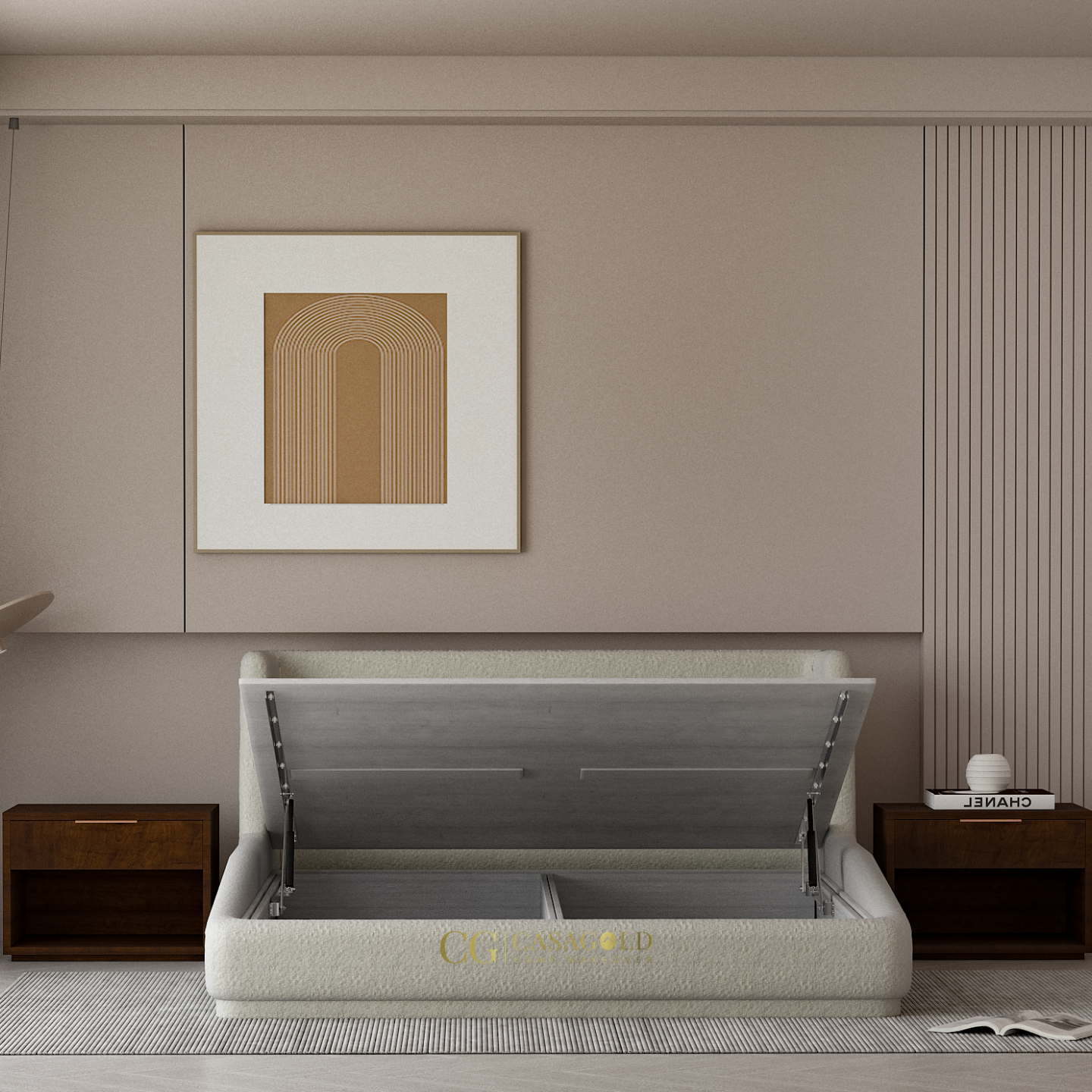A stylish white upholstered bed with a hydraulic lift-up storage system, flanked by modern wooden nightstands