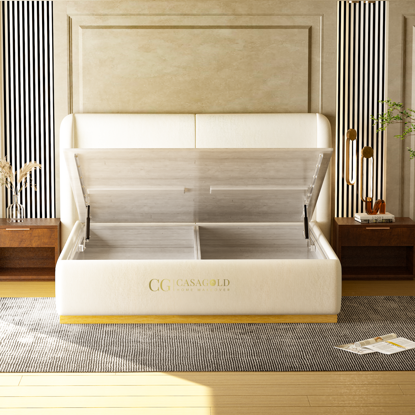 A modern white hydraulic bed with dual lift-up storage sections in a chic bedroom featuring vertical panel accents