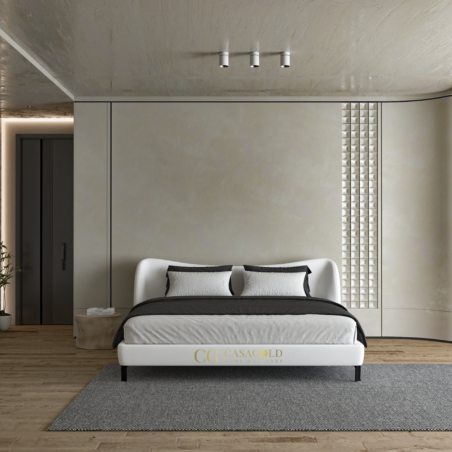 Stylish bed with white and black bedding in a modern minimalist room.