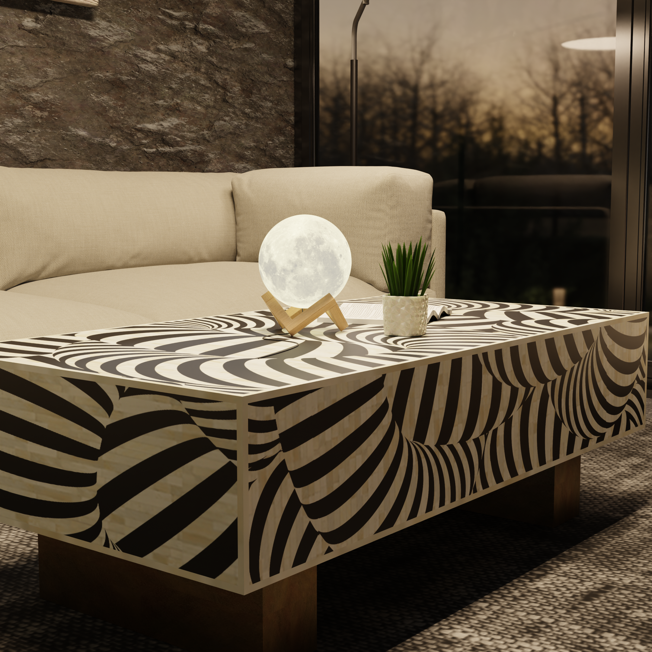 "Elegant rectangular bone inlay coffee table for modern living spaces"