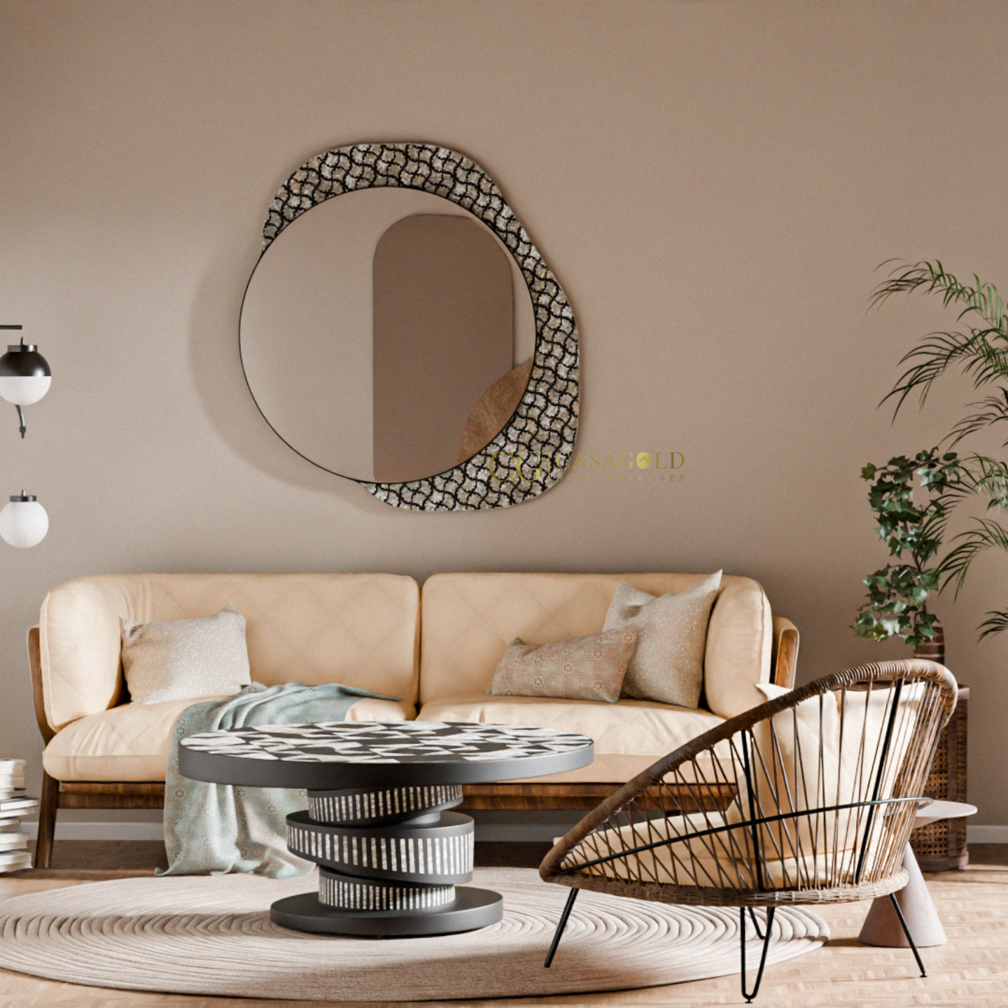 Circular mirror featuring a wavy black and white border design
