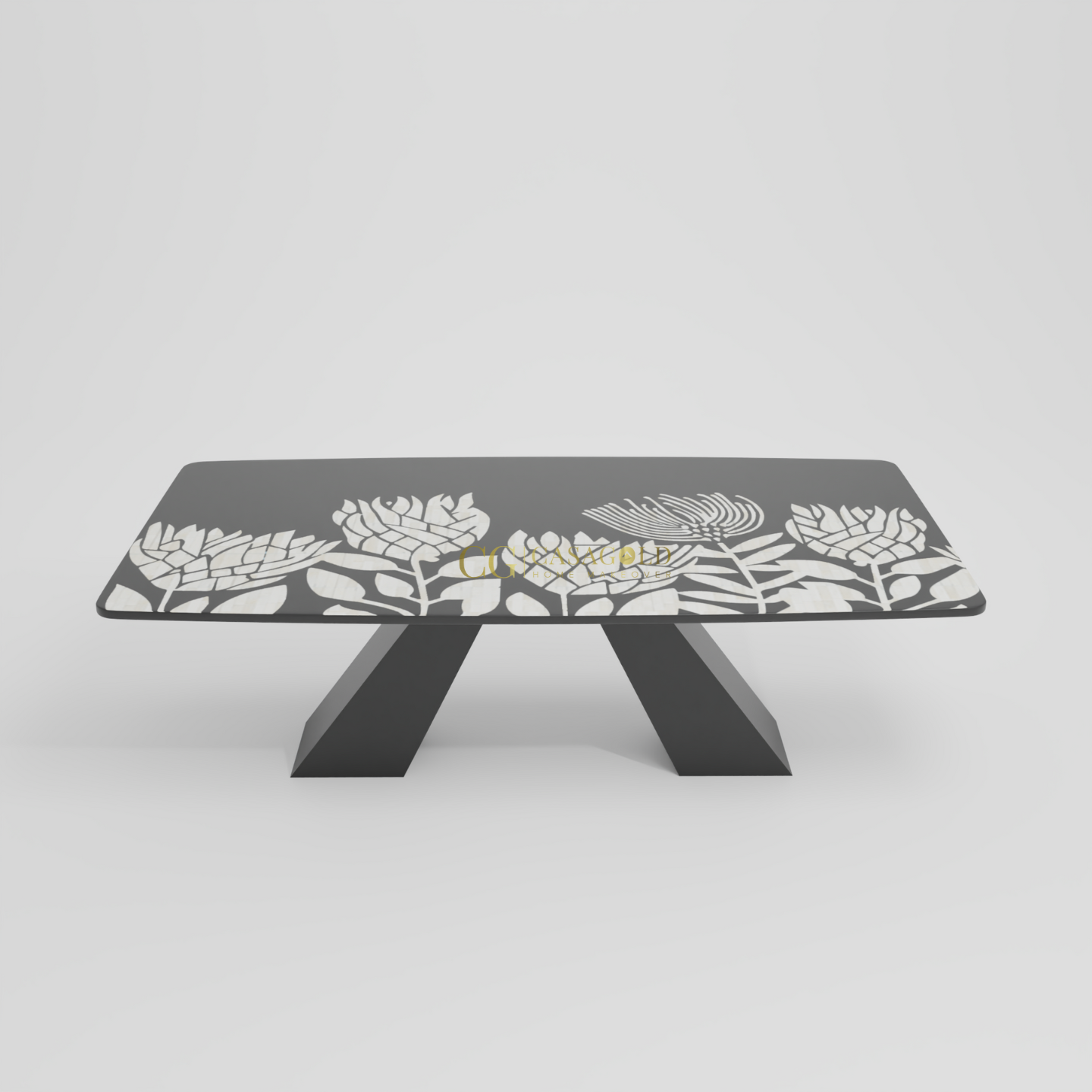 Luxurious floral-themed dining table with a rectangular top and dark sculptural legs, ideal for modern interiors.