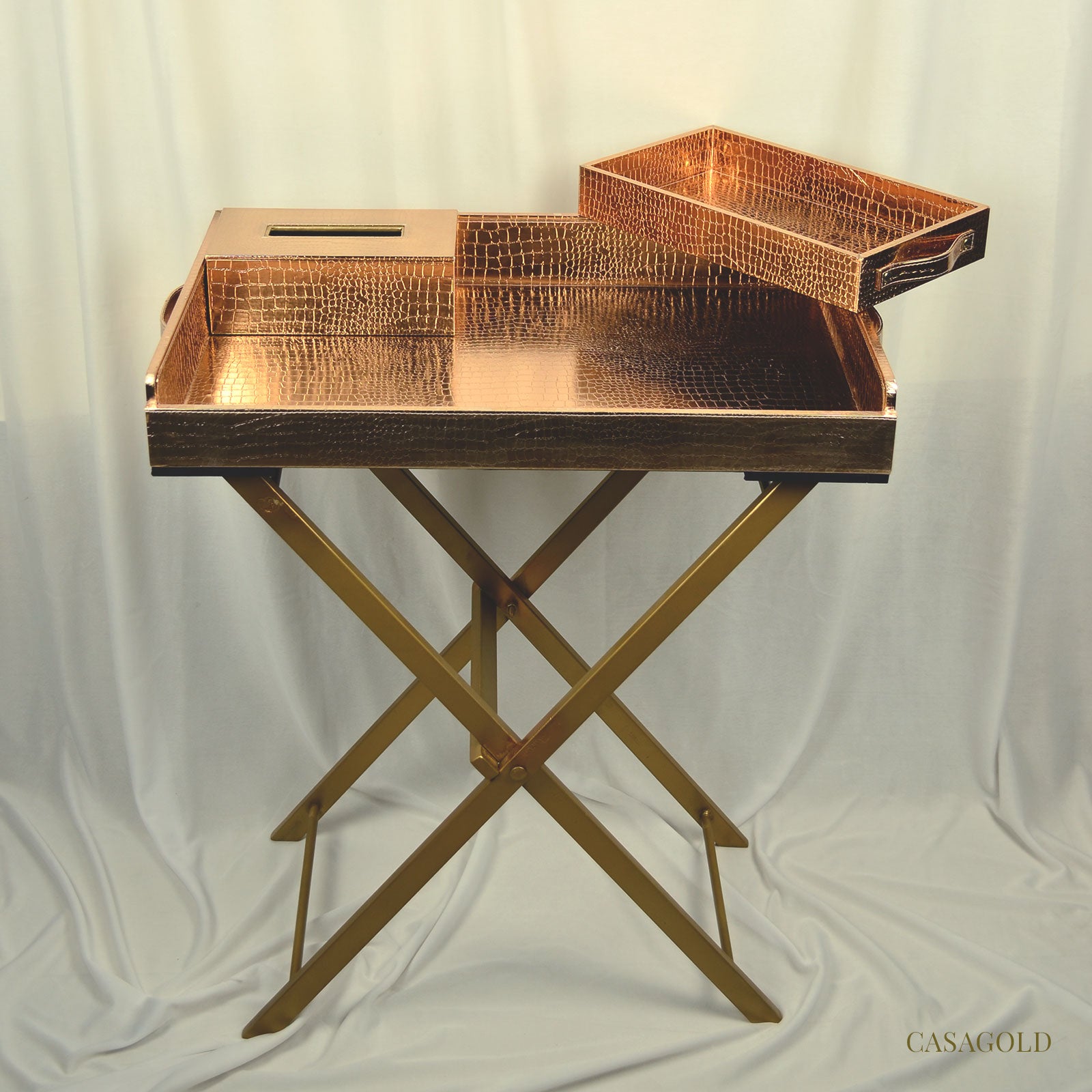 Versatile folding butler tray for indoor or outdoor use.