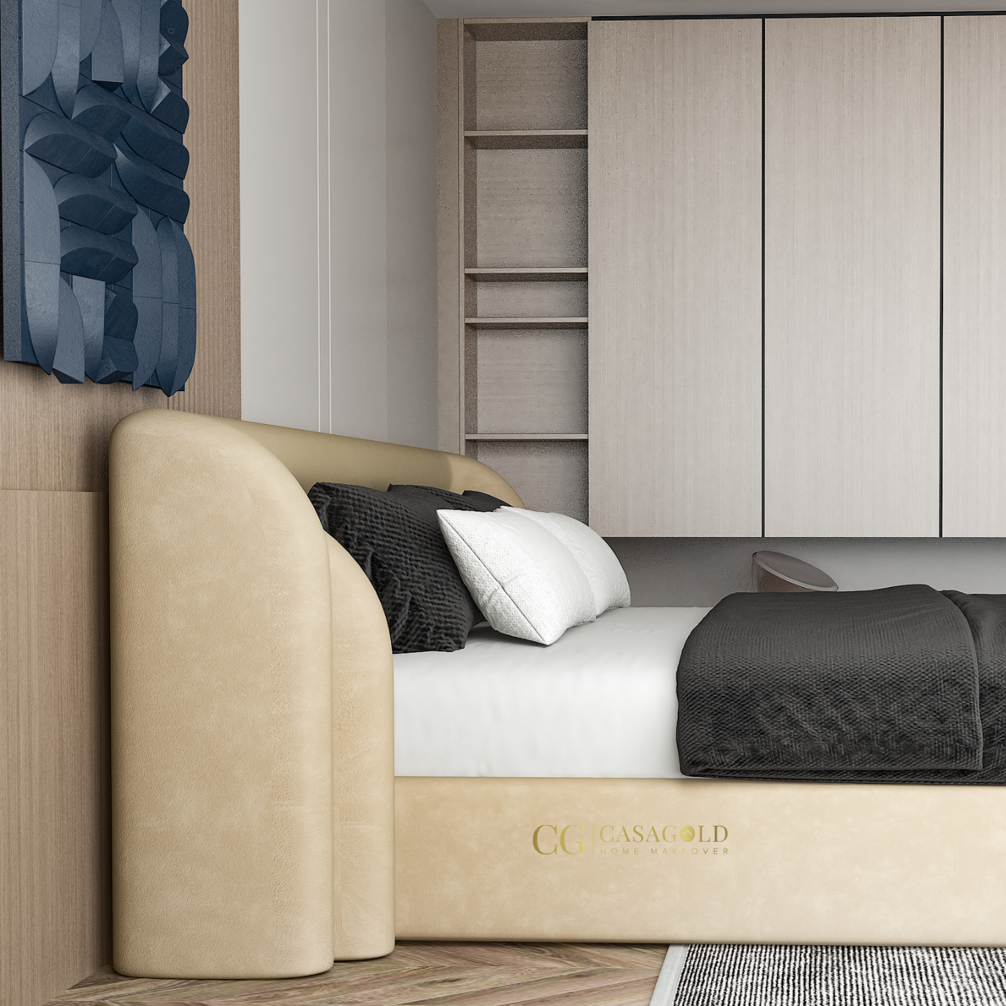 Modern bedroom featuring a plush headboard and abstract wall art.