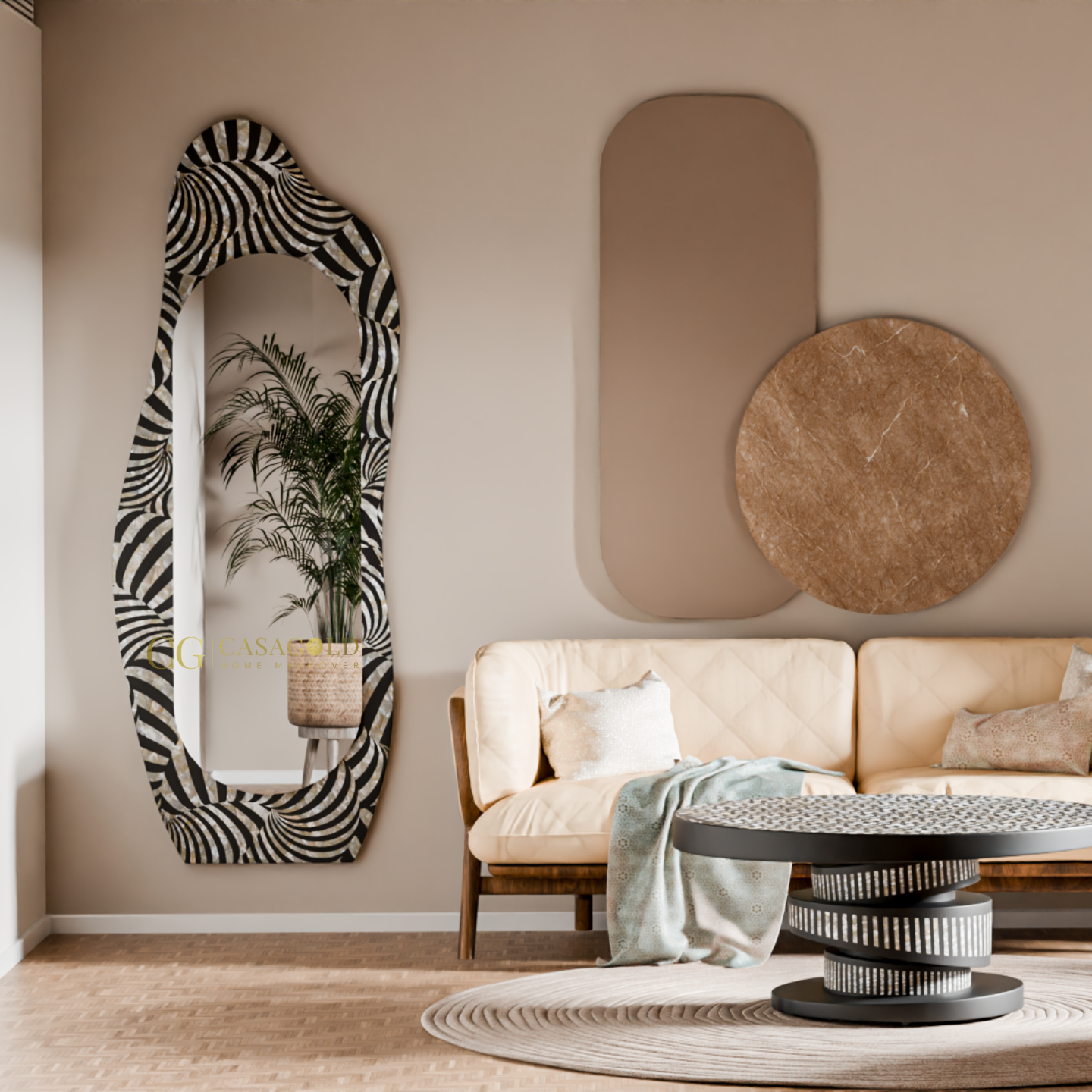 Artistic mirror with a bold curved silhouette and intricate tile-like design.