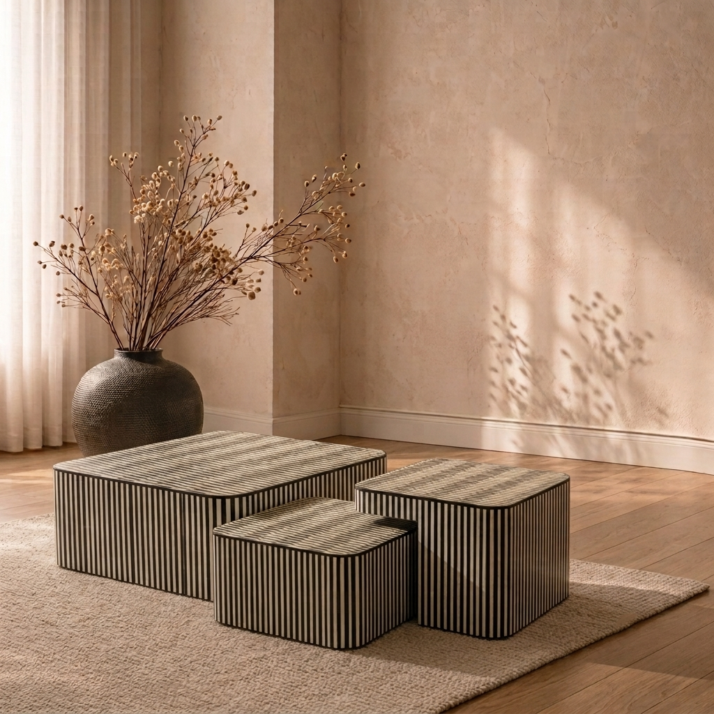 Monochrome Majesty: Black & White Inlay Coffee Table Set