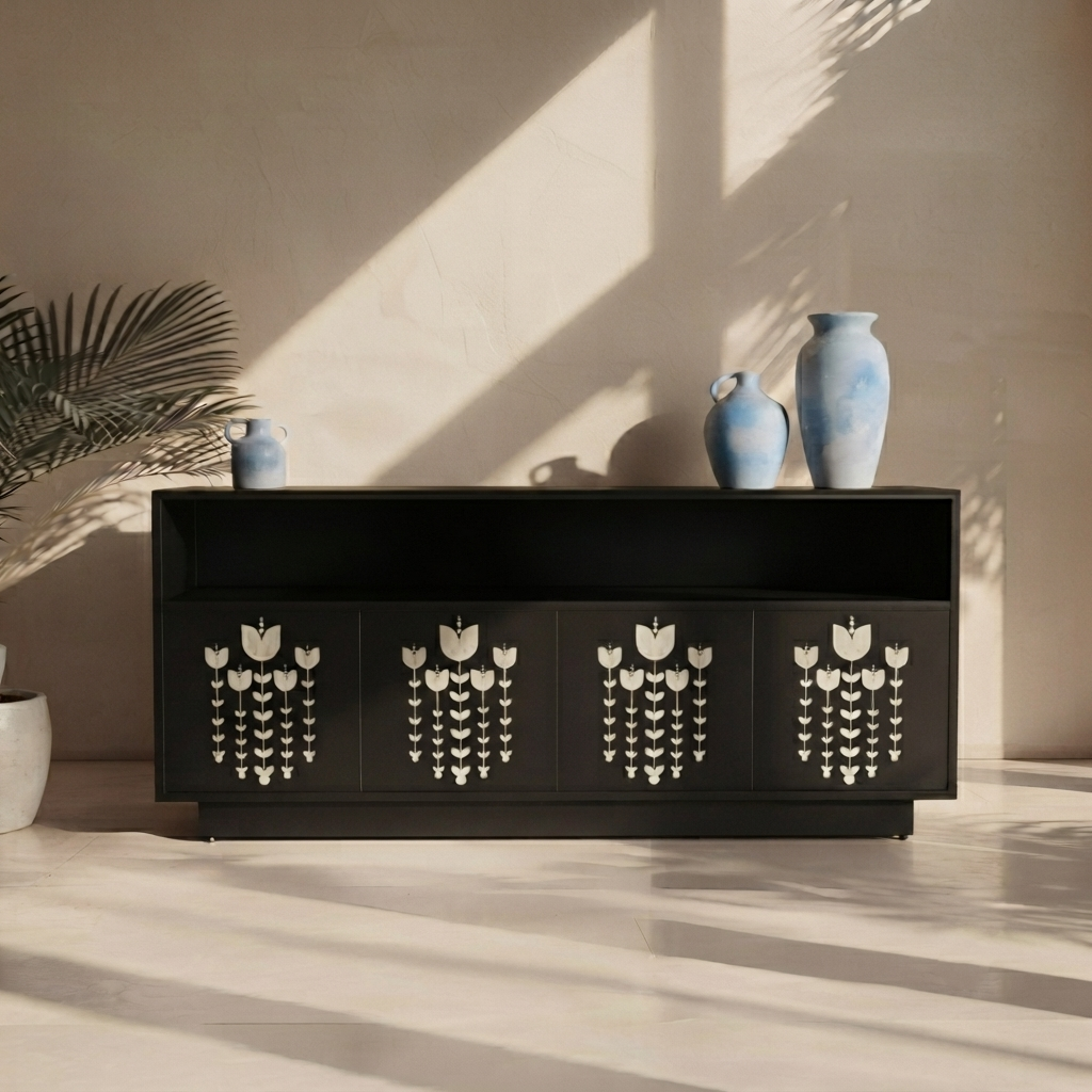 CasaGold “Tulip Cascade” Black & White Inlay Sideboard